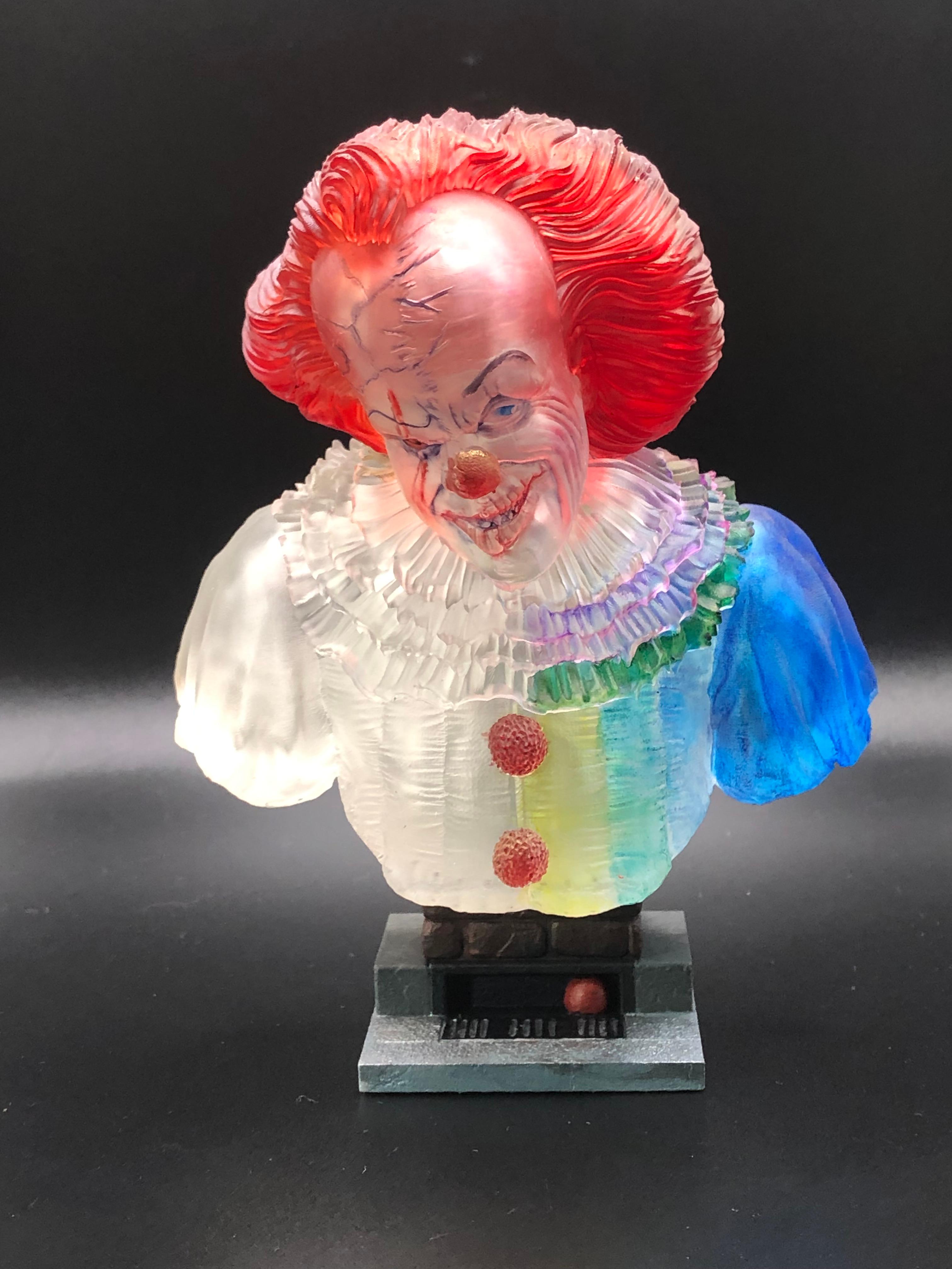 Pennywise bust (Pre-Supported) - Printed the bust in clear resin and painted with translucent inks. Printed the base with standard resin and hand painted with acrylic paints - 3d model