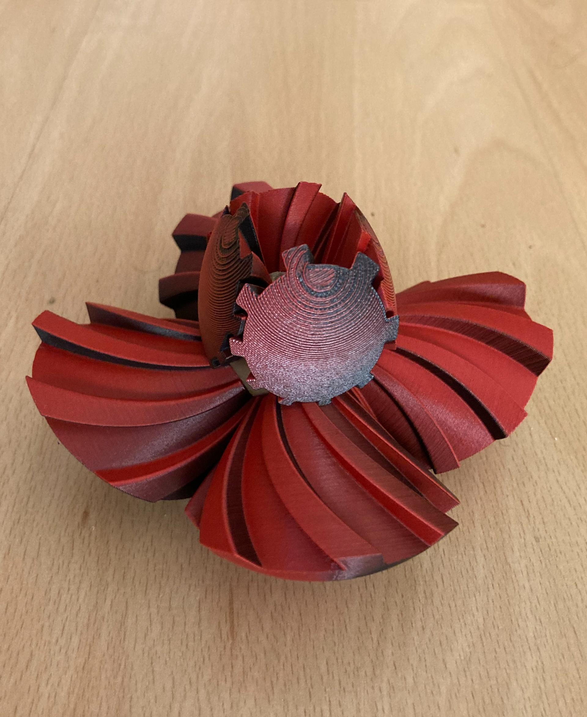 Gear Ball 2.0 - Printed in Polymaker PLA PolyTerra, heart and pins in ColorFabb PLA/PHA which is more flexible, does not "snap break" and also more slick so no need for any lubricant. All fits just right with basic pins. Thank you. Printed on Prusa MK4 with inputShaper 0.2mm structural - 3d model
