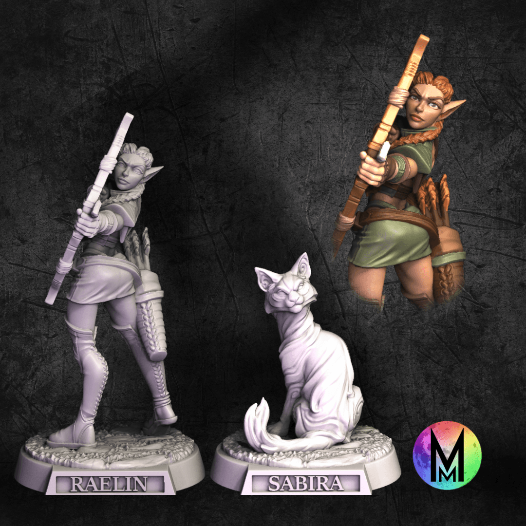 Female Elf Ranger - Raelin the Ranger and Sabira the elven cat (Female Fighter / Ranger with bow ) 3d model