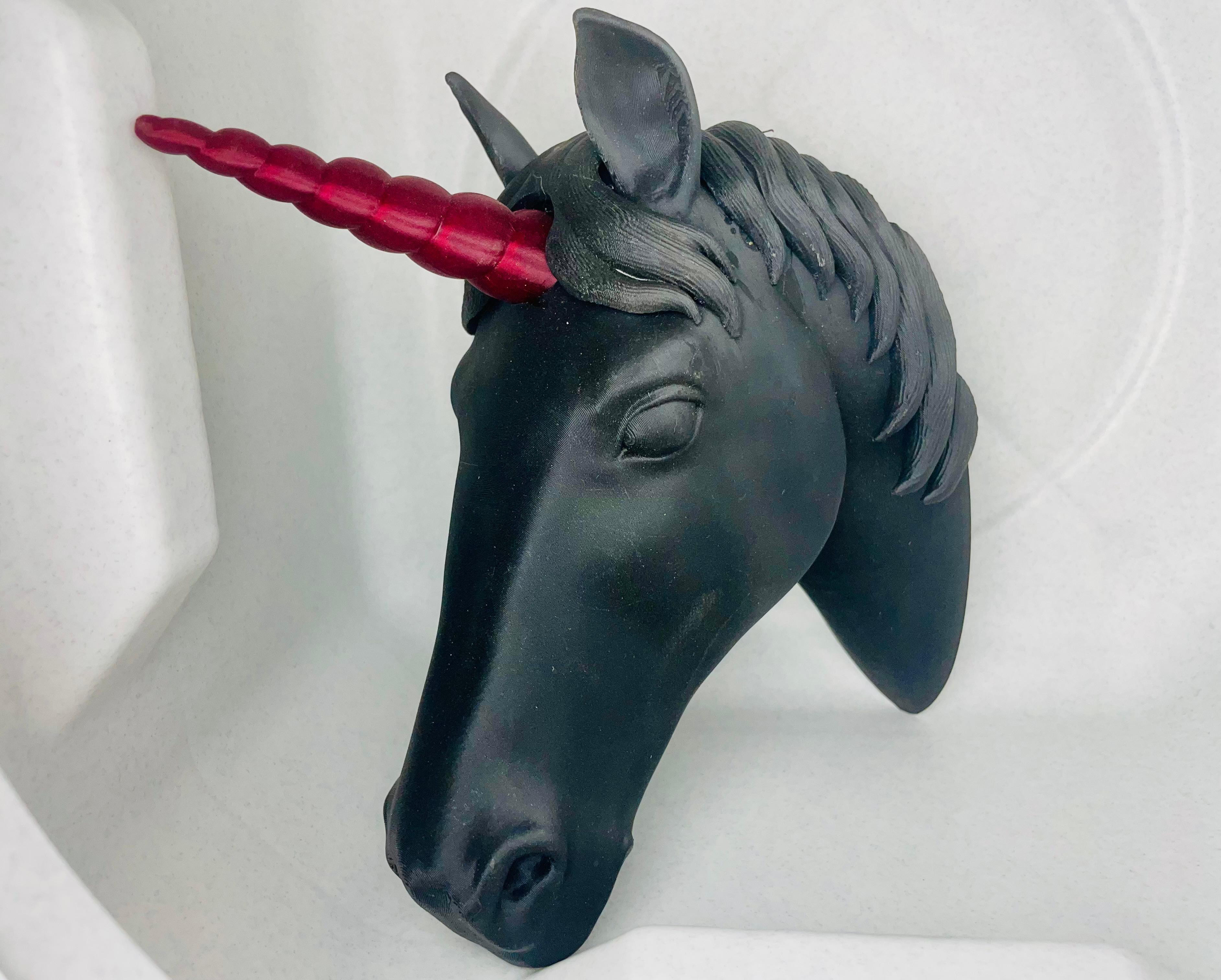 Unicorn Head Wall Mounted Decor / Headphones Holder / Multiparts - Printed in Polymaker Black Charcoal and Proto Pasta Blood of my Enemies   - 3d model