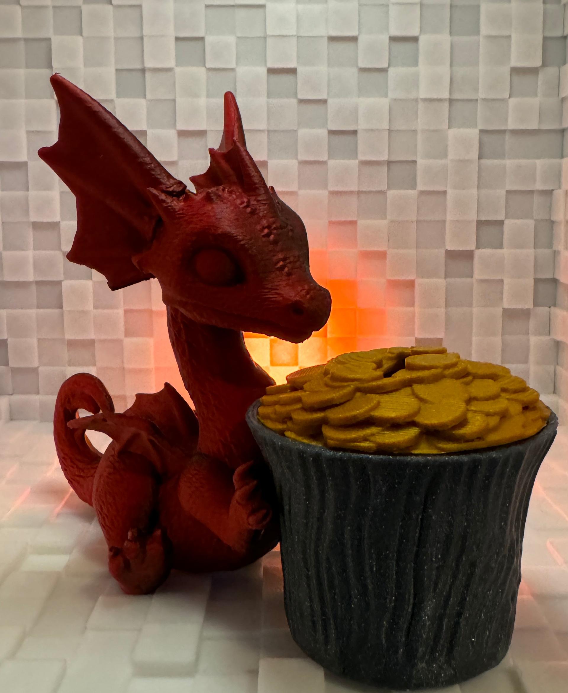 Dragon - Toy Pot Planter - Every dragon has a hoard of gold, even this little guy.

Printed him in Polymaker Polyterra Shadow Red PLA, the pot in Hatchbox Sparkle Gray PLA, and the coins (remixed from Chelsey's Pot o' Gold model) in PolyLite Gold PLA. - 3d model