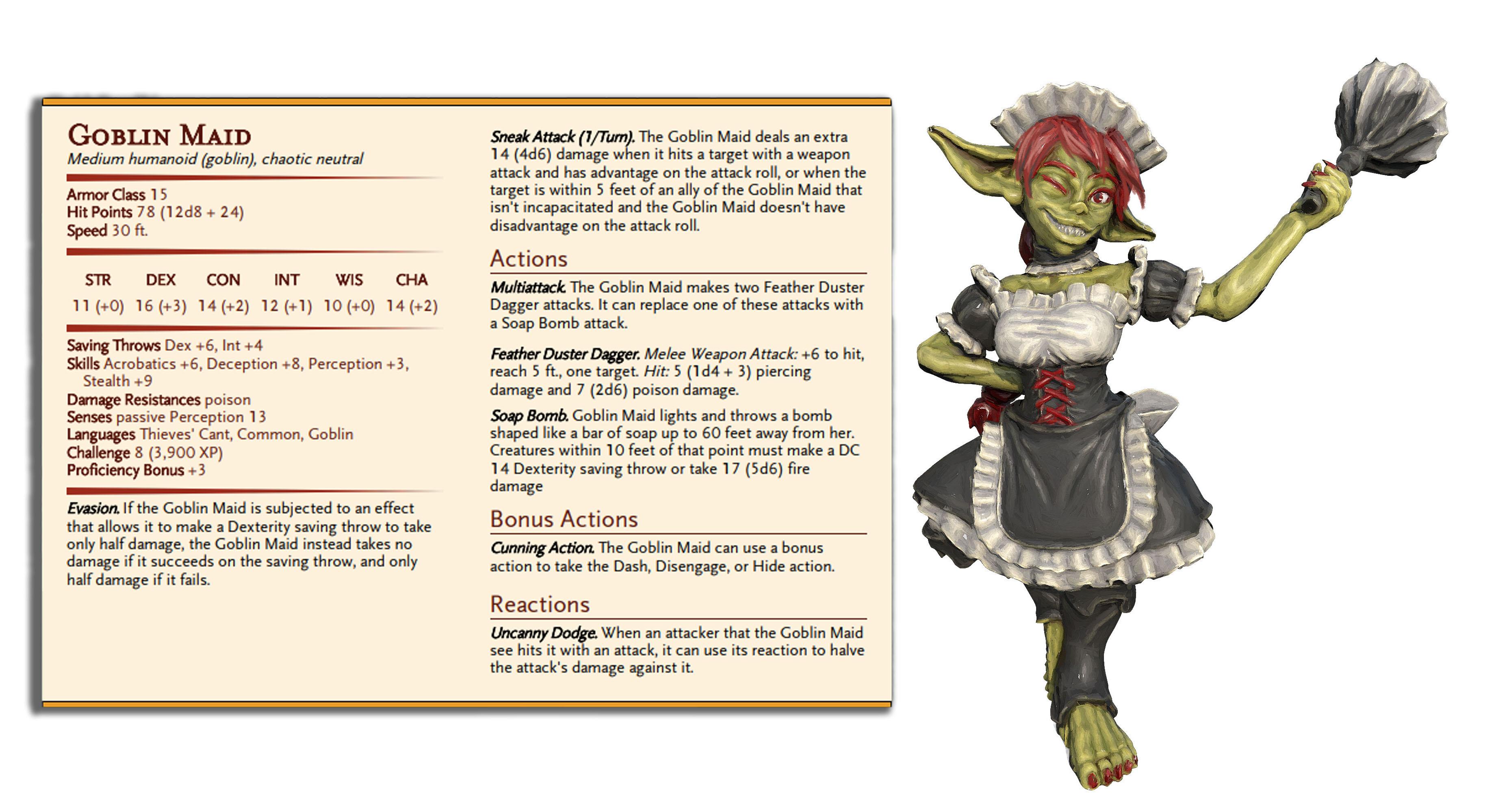Goblin Maid - Dungeon Cleaning Inc - PRESUPPORTED - Illustrated and Stats - 32mm scale			 3d model