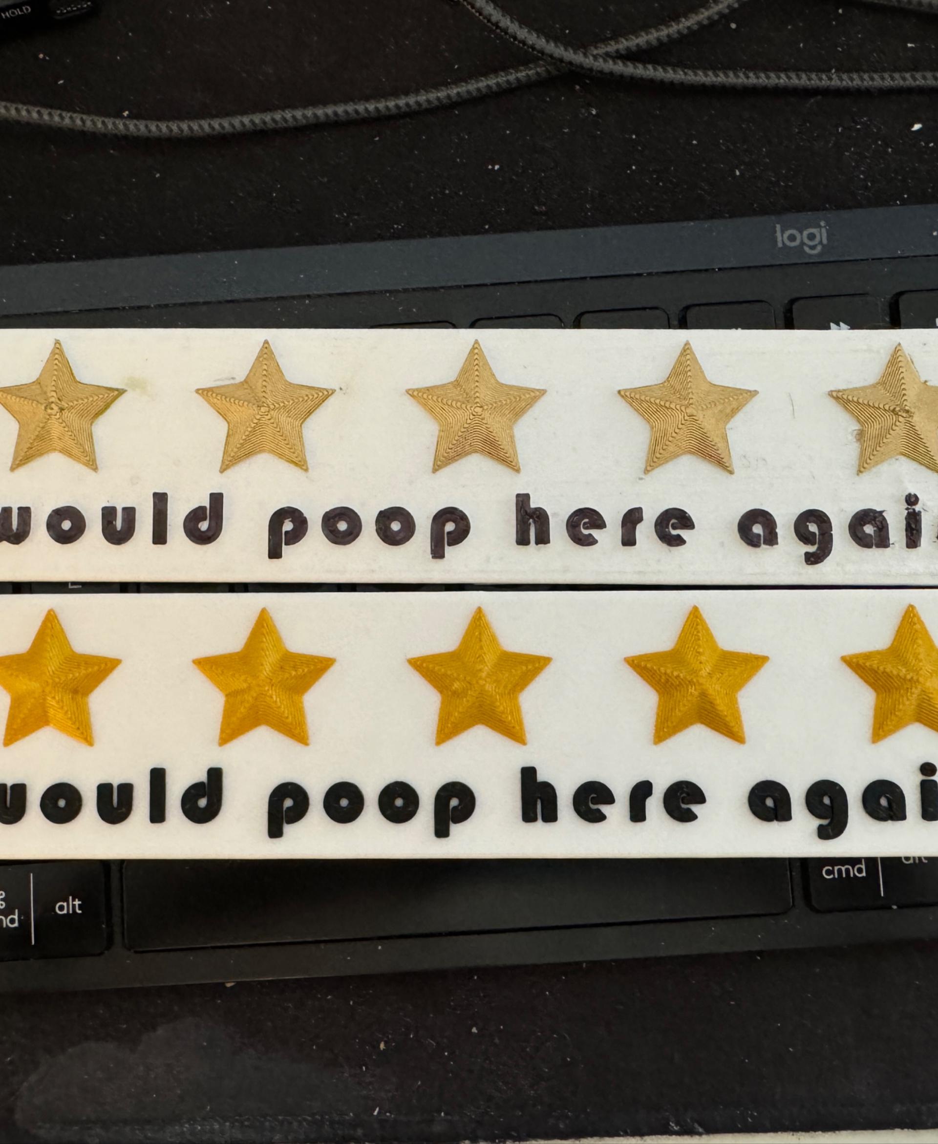 5 Star Poop Rating - Originally printed on my Ender-3 V3 SE with Overture PLA in White and painted (top print); then I bought a Bambu Lab X1 Carbon with AMS and reprinted with Overture White, Black, and Gold Silk PLA - 3d model