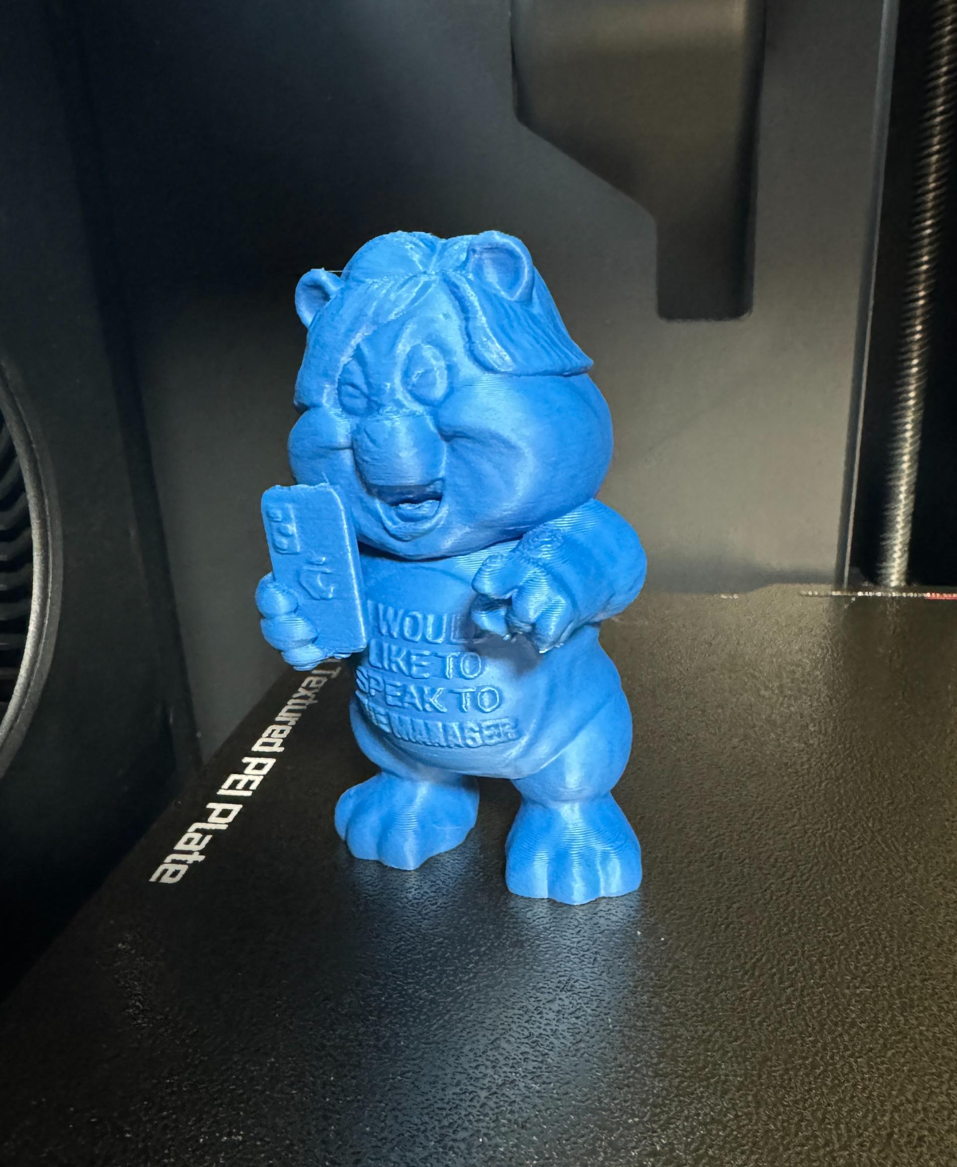 karen bear.stl - Matte Blue, auto tree supports.
Another great bear. I want to print again in tan, then color it - 3d model