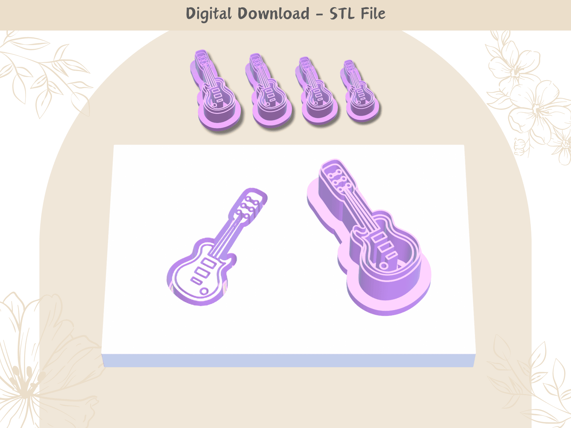 Guitar Clay Cutter for Polymer Clay | Digital STL File | Clay Tools | 4 Sizes Summer Clay Cutters, 2 3d model