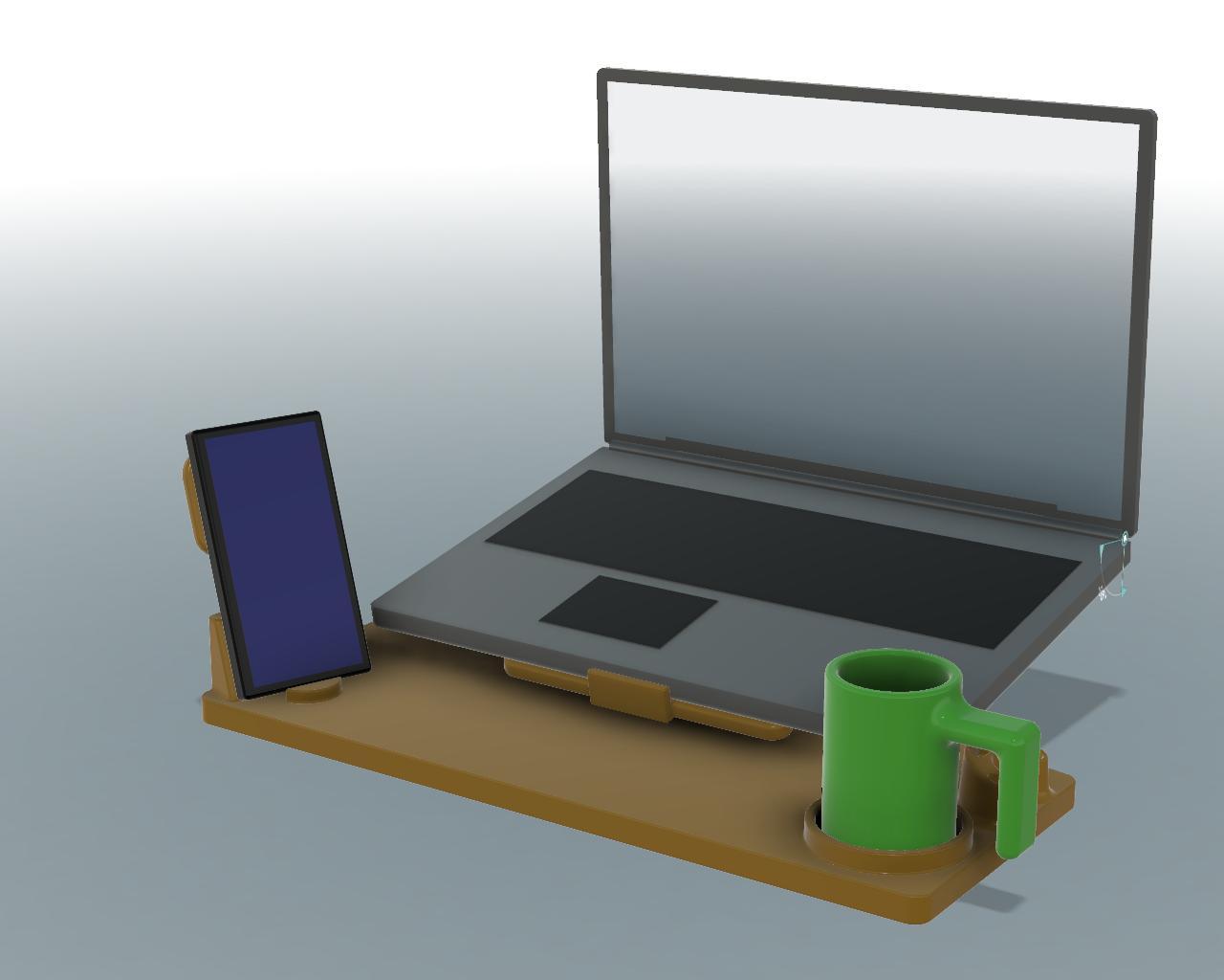 Lap Desk - Lap desk with laptop, mobile phone and a cup of coffee. The slightly raised laptop position gives a better view of the screen and reduces neck strain. - 3d model