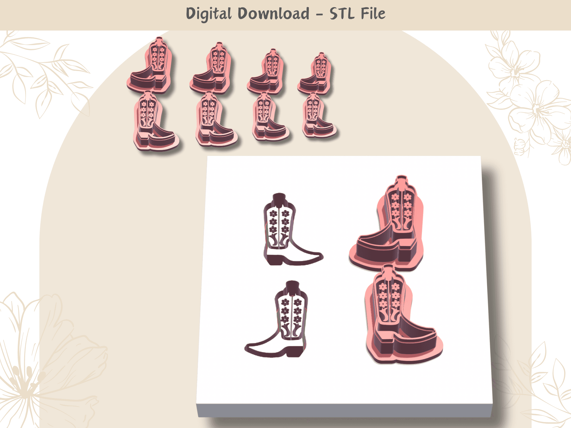 Cowboy boots Clay Cutter for Polymer Clay | Digital STL File | Clay Tools | 4 Sizes Summer Clay Cutt 3d model