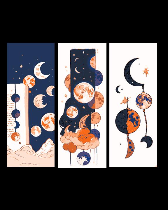 Cute Child Art depicting the Moon in different Phases and Different Styles - Set of 3 Bookmarks 3d model