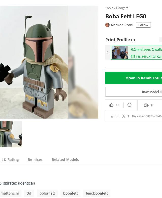 Boba Fett (9 inch brick figure, NO MMU/AMS, NO supports, NO glue) - BigBricks..Buddy, this person posting your model in MakerWorld not giving you credit. Maybe a fake account? only has this one model of yours. Gonna report this. Its not right! - 3d model