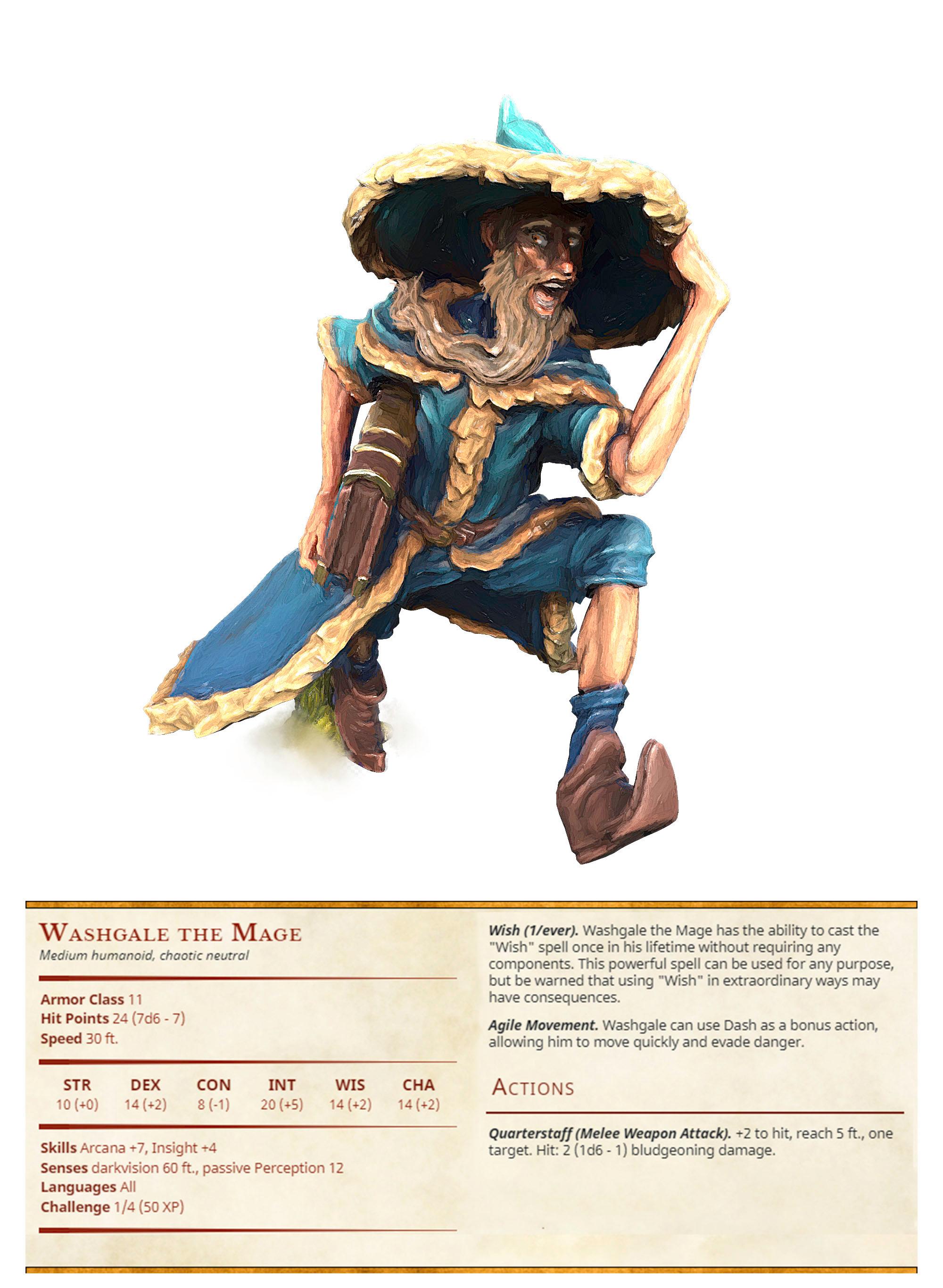 Washgale the mage - Wizzard - PRESUPPORTED - Illustrated and Stats - 32mm scale  3d model