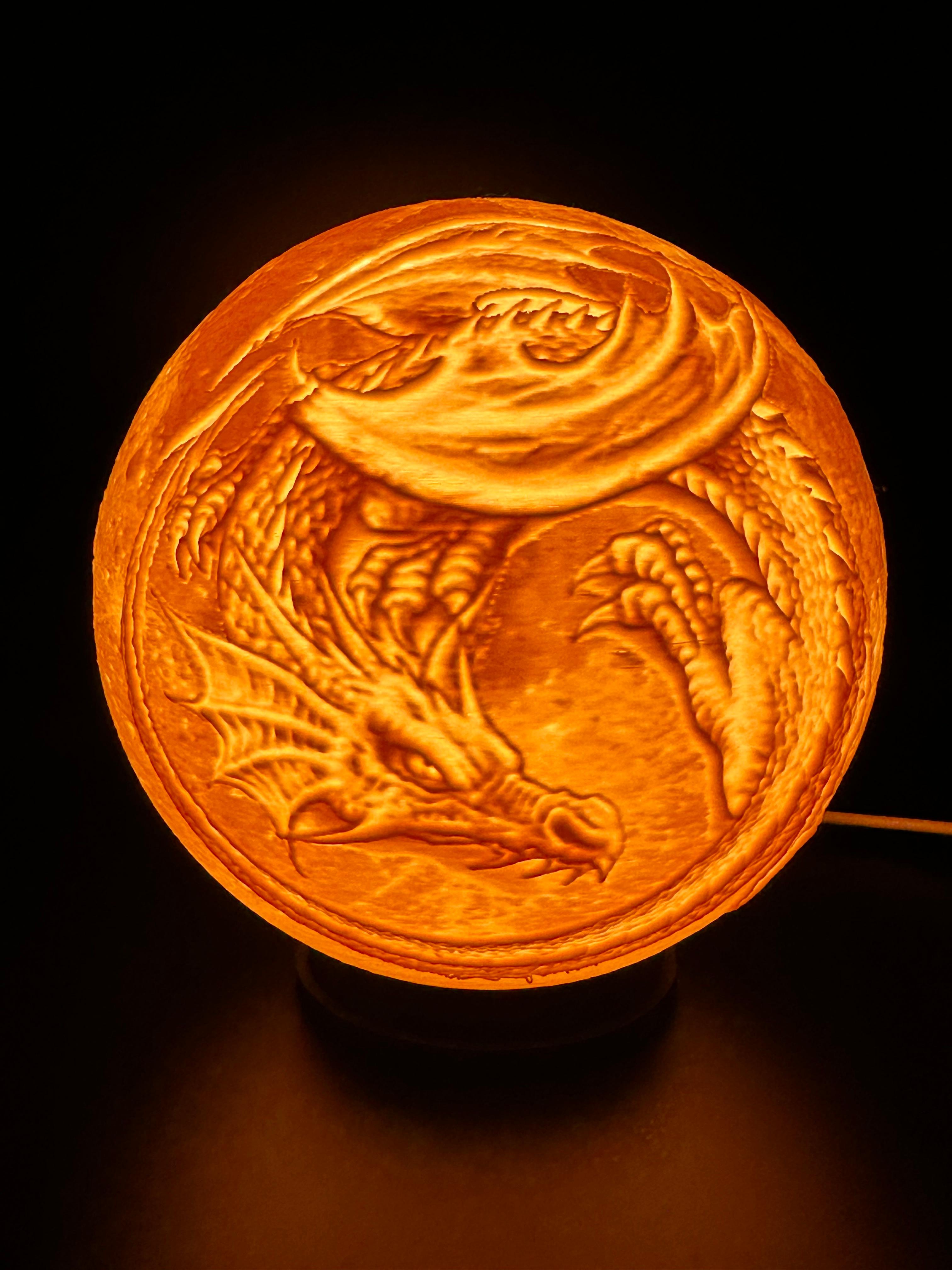 Moon Dragon Lamp - Printed in bambu beige and black filament. Used the light kit from bambu and also a puck style remote controlled lamp light to add more lighted color effects - 3d model