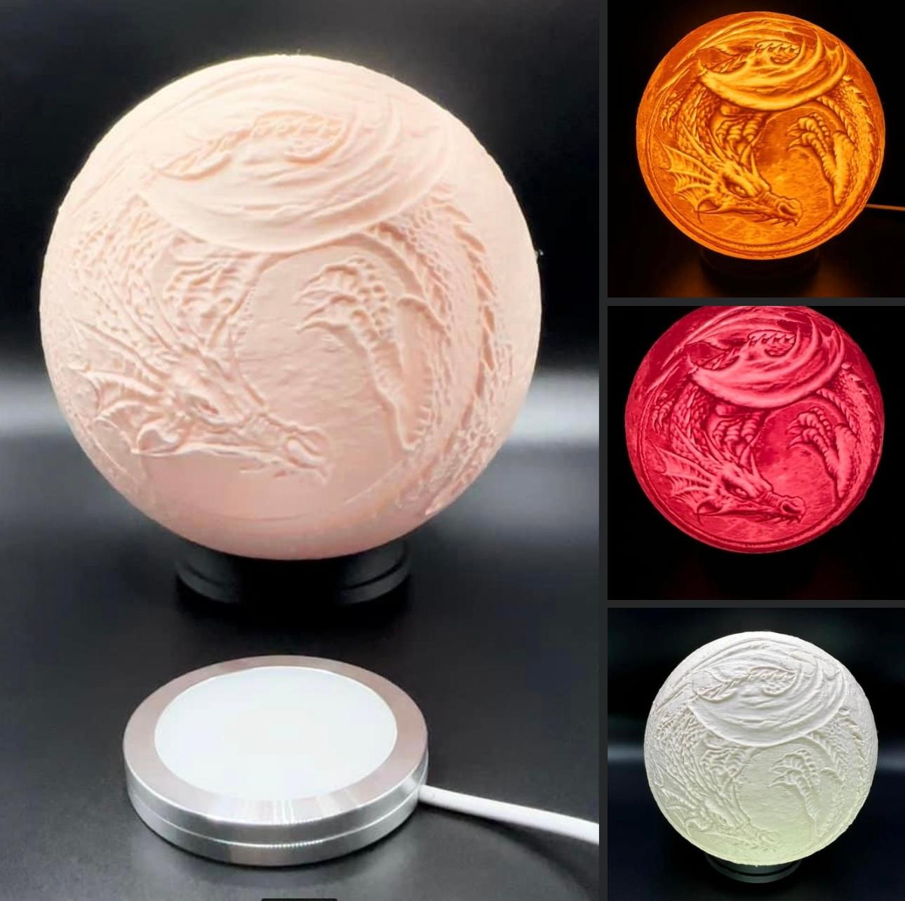 Moon Dragon Lamp - Printed in bambu beige and black filament. Used the light kit from bambu and also a puck style remote controlled lamp light to add more lighted color effects - 3d model