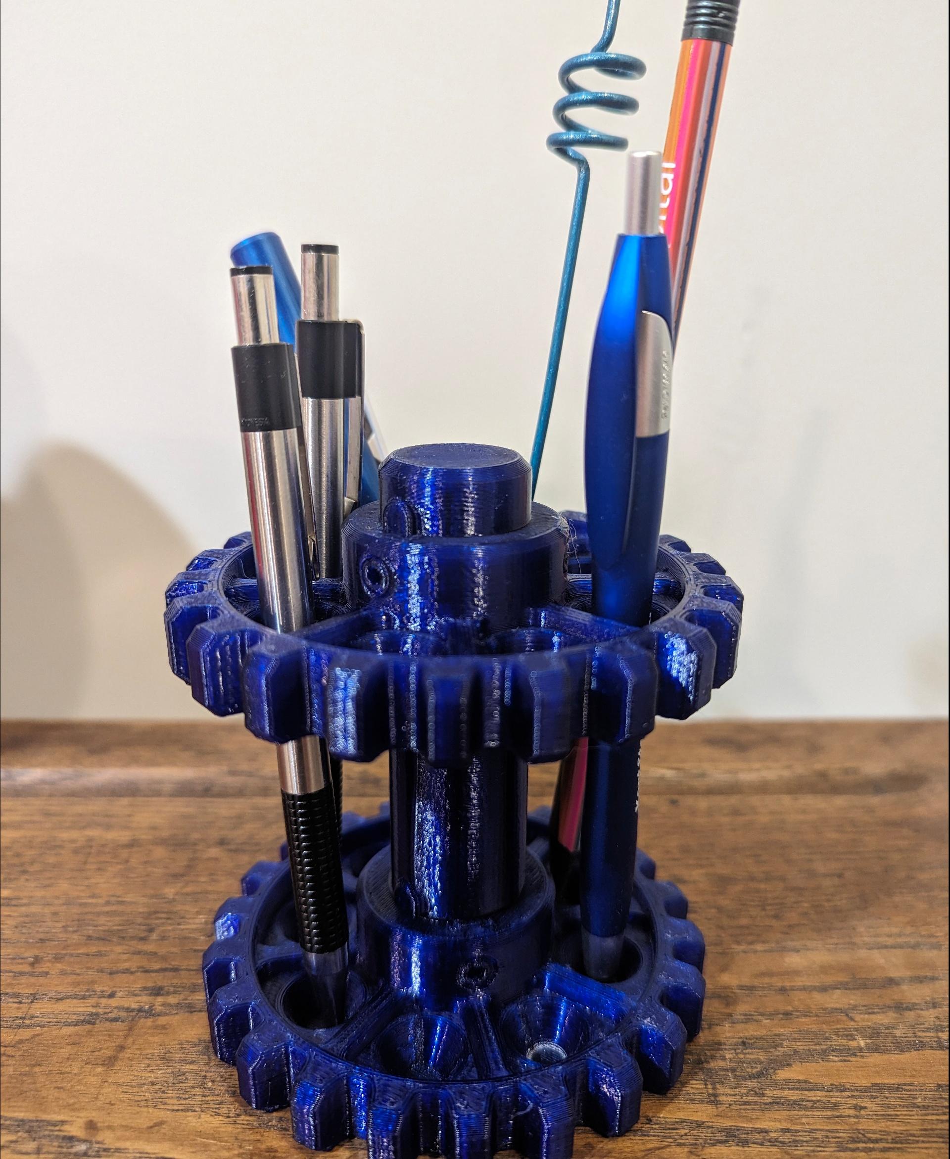 Double Gear Pen Holder  - Printed in Polymaker Translucent Blue PETG - 3d model