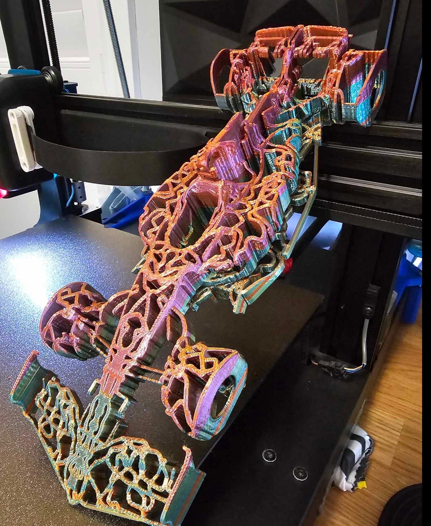 F1 Tracks Car  - Printed on my Artillery Sidewinder X1 at 125% scale and 20hours to print at a .2mm layer height. I was using some random color changing silk PLA by Isanmate and I am pretty happy how it turned out. Thanks for the great model, awesome job.  - 3d model