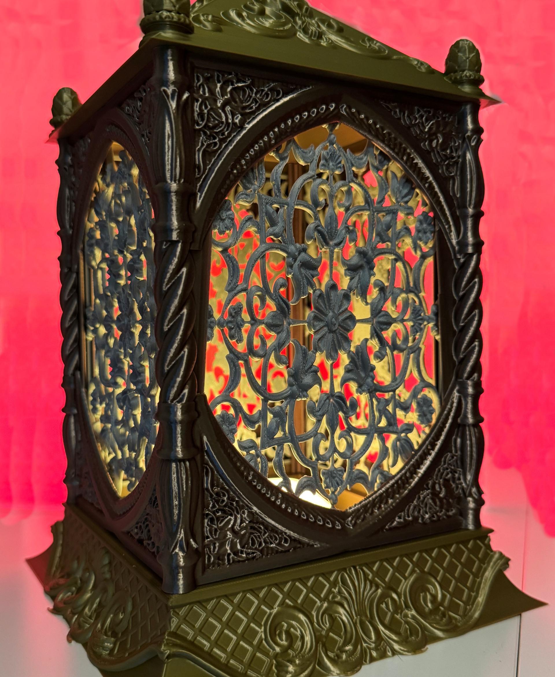DECORATIVE LANTERN, LAMP 3D MODEL - Printed in Polymaker Silk Brass, Silk Silver and a generic Champagne Gold Silk filament. This was too big to fit inside my lightbox, hence the badly patched/cloned background. - 3d model