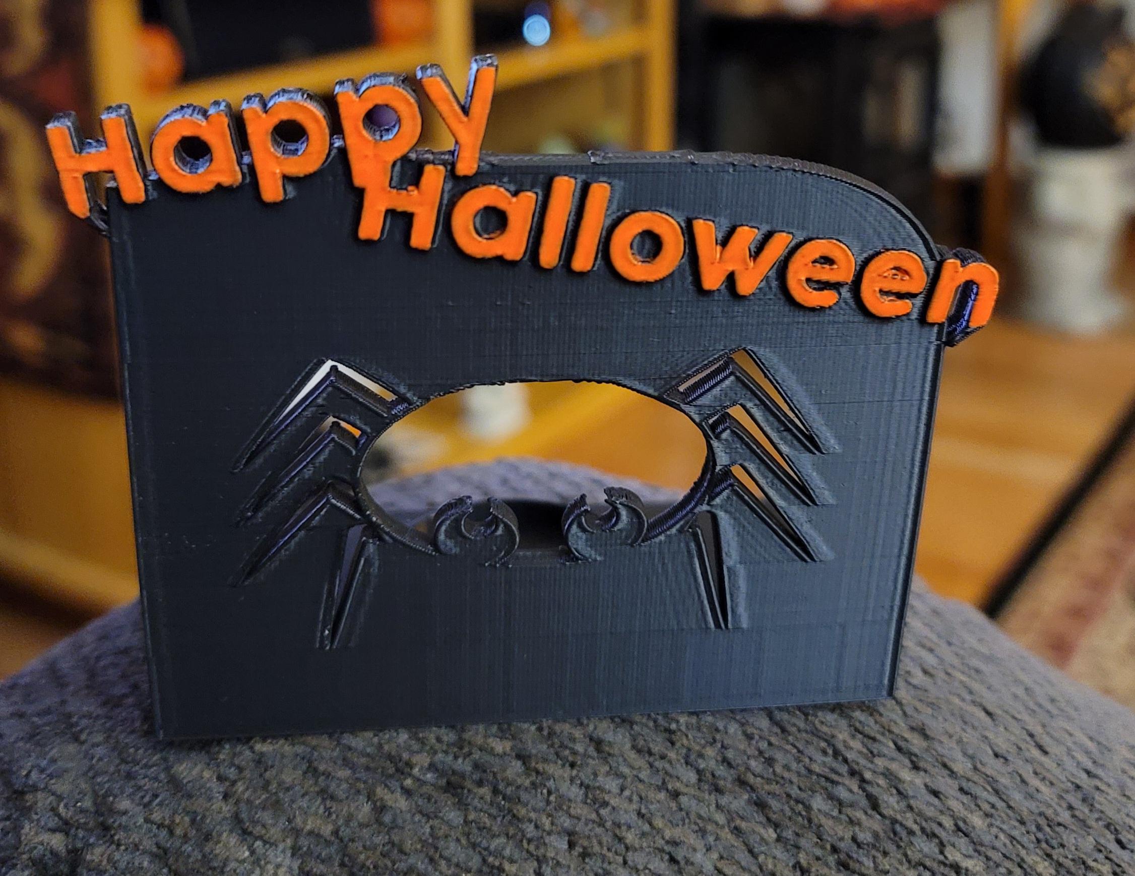 Halloween! Tea light spider spooky spider shadow maker (easy print, no supports) - I printed without any supports and it came out great. Then I painted the letters so they stick out.  - 3d model