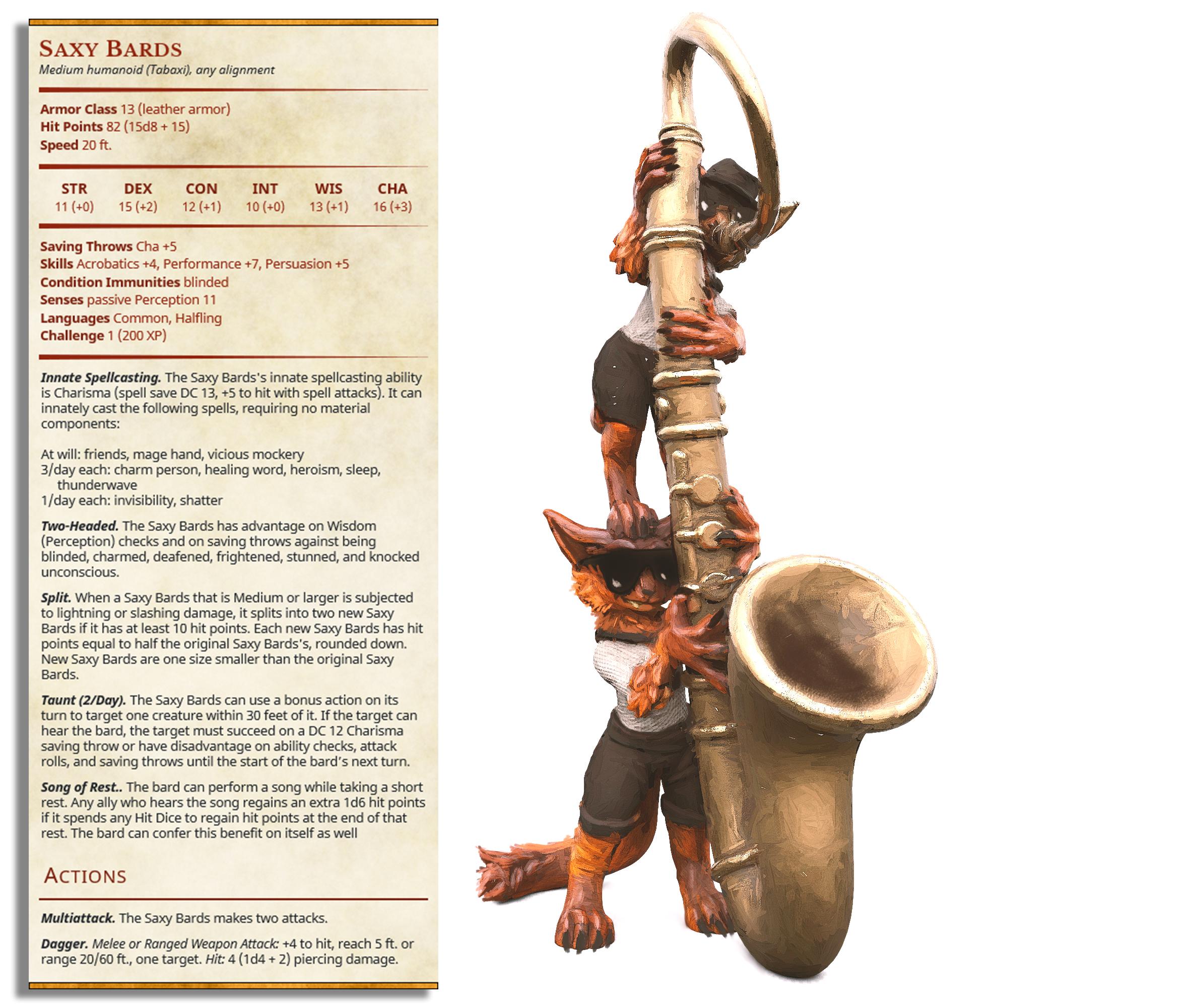 Saxy Bard - Tabaxi Caravan - PRESUPPORTED - Illustrated and Stats - 32mm scale			 3d model