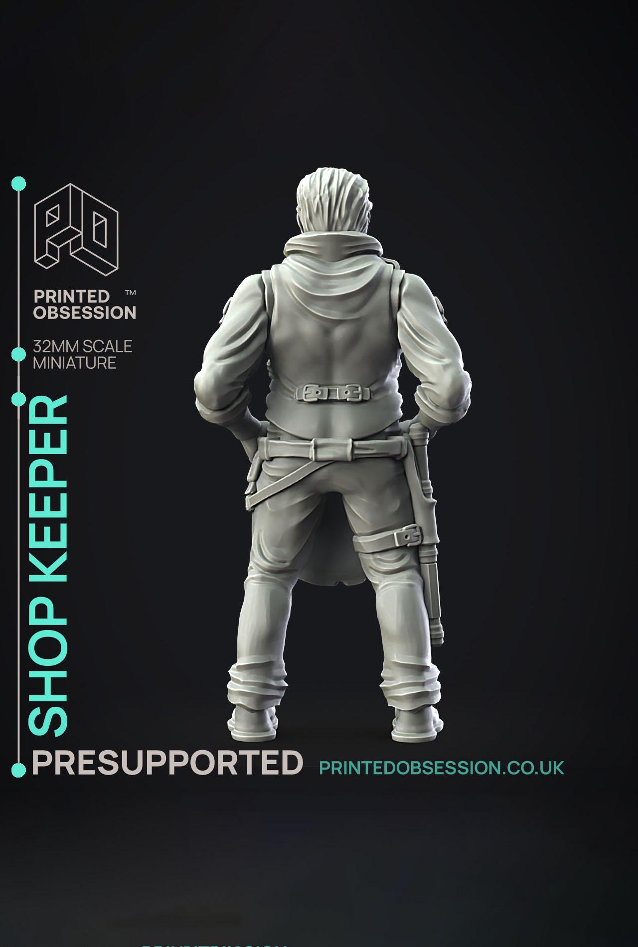 Shop Keeper  - Side Quest Shop - PRESUPPORTED - Illustrated and Stats - 32mm scale			 3d model