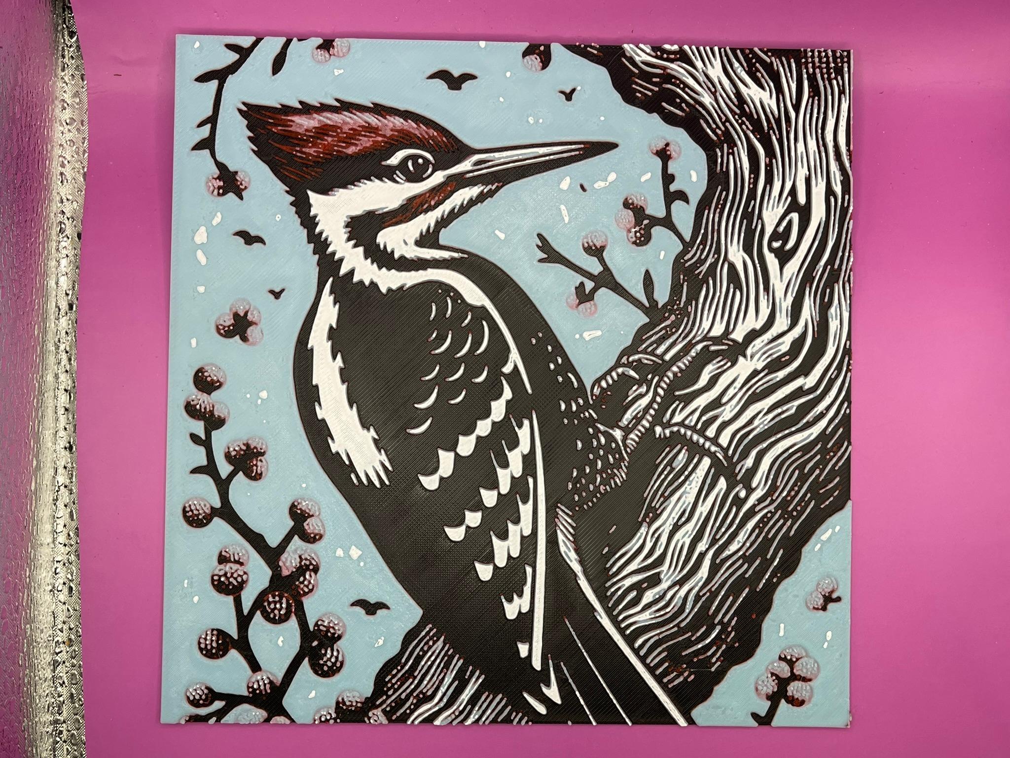 Pileated Woodpecker HueForged Woodblock Print Art 3d model
