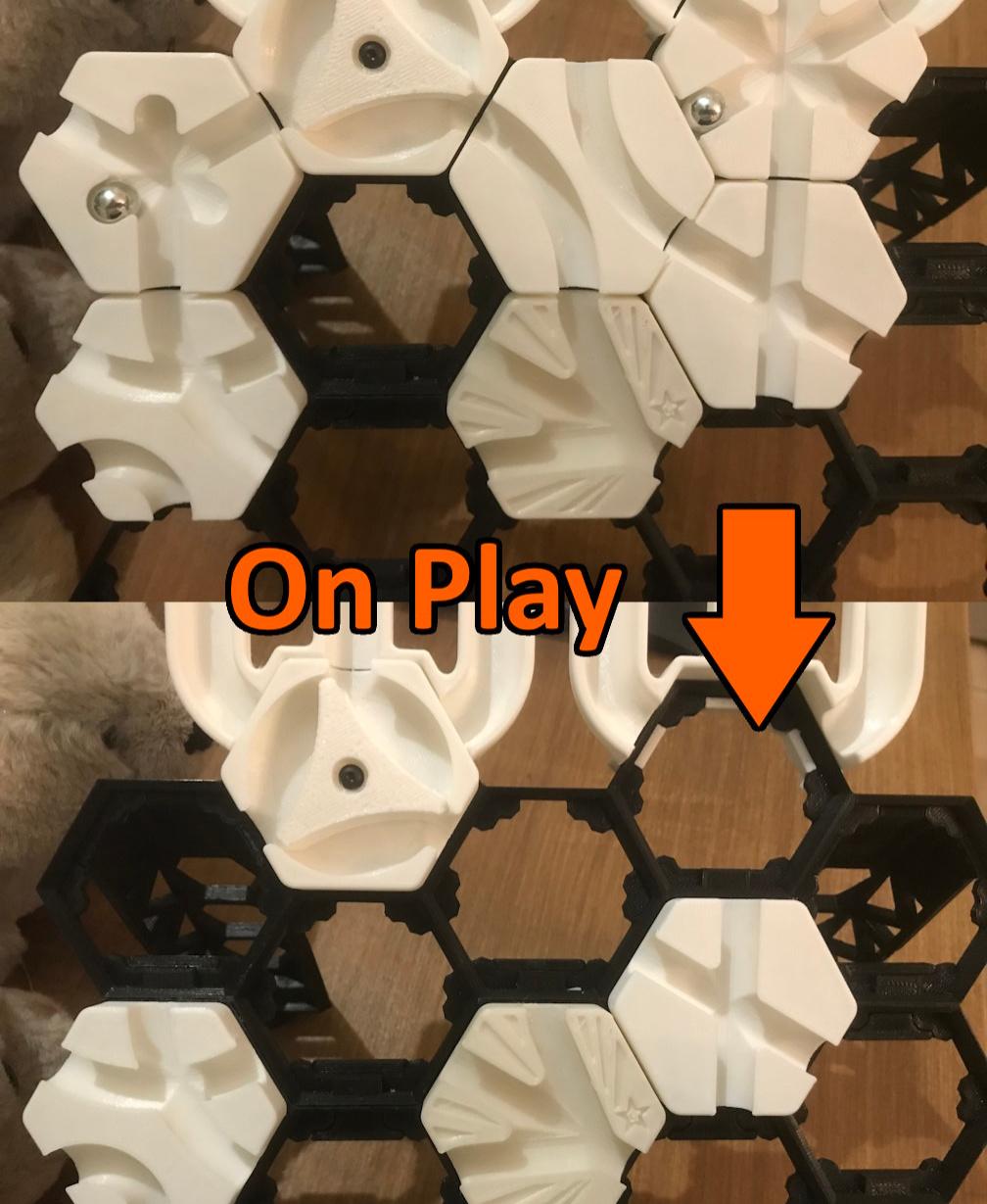 Hextraction Detonate Tile - Example of the effect. One ball is caught in the trap on the left, and one ball is touching 2 tiles on the right. All 3 of those tiles are destroyed by the effect. - 3d model