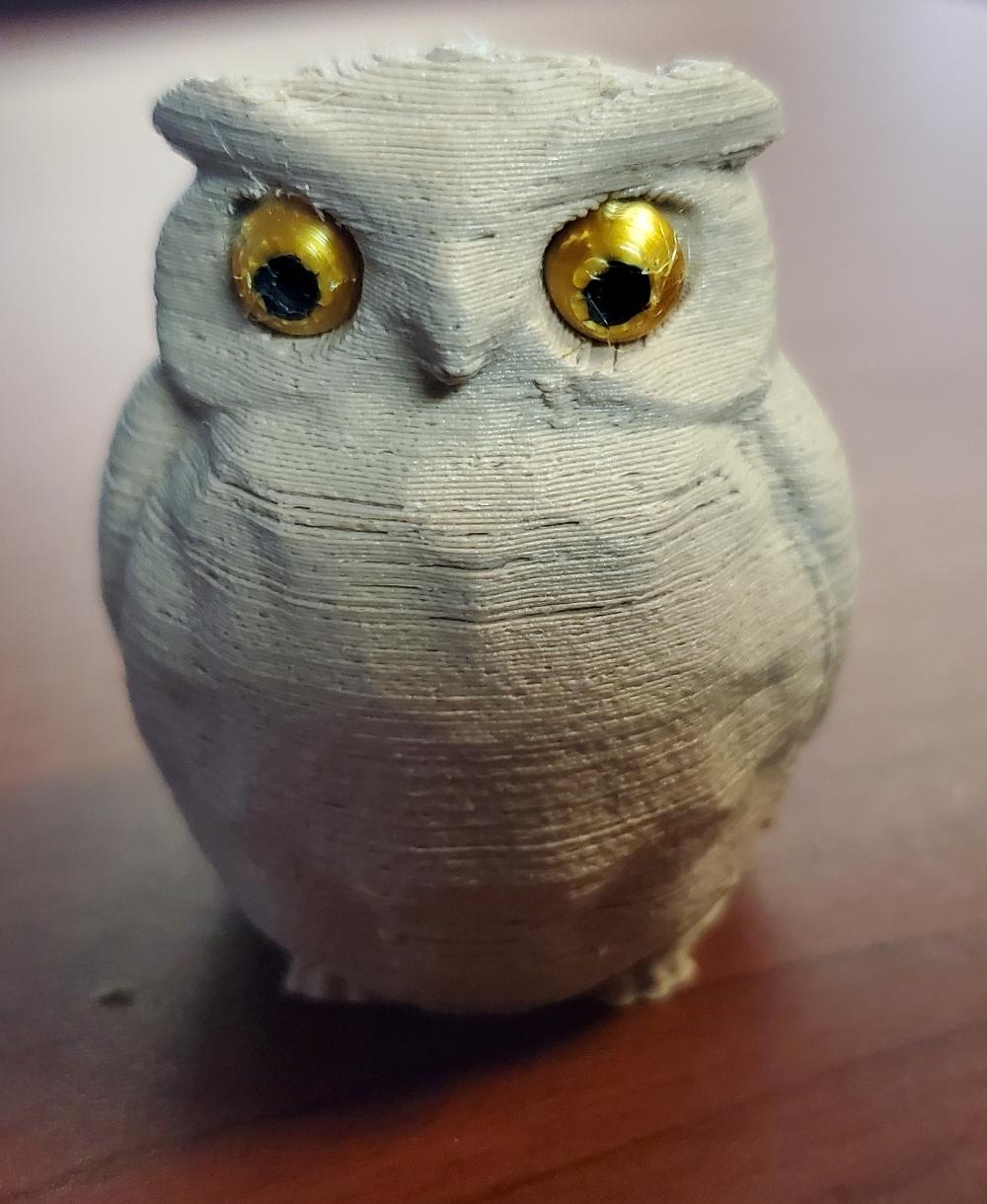 Little Owl (separate push-in-place eyes) - Wood pla filament with gold silk metallic pla for the eyes - 3d model