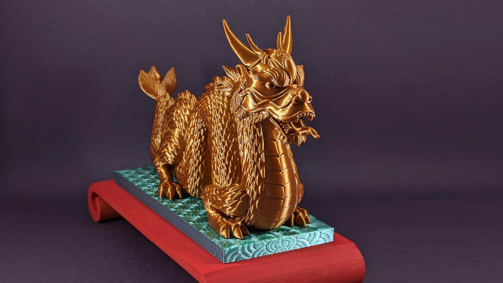 Chinese Dragon -Platform Statue - Fantastic Chinese Dragon printed with Polymaker Silk Bronze, with top base sparkling in Jadeite - 3d model