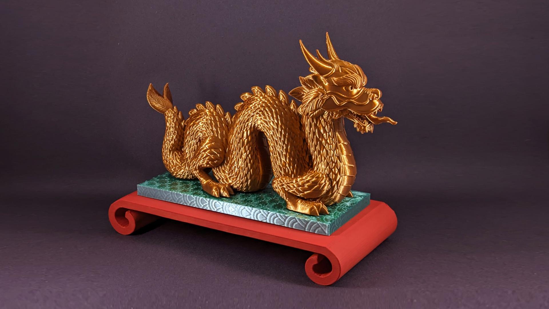 Chinese Dragon -Platform Statue - Fantastic Chinese Dragon printed with Polymaker Silk Bronze, with top base sparkling in Jadeite - 3d model