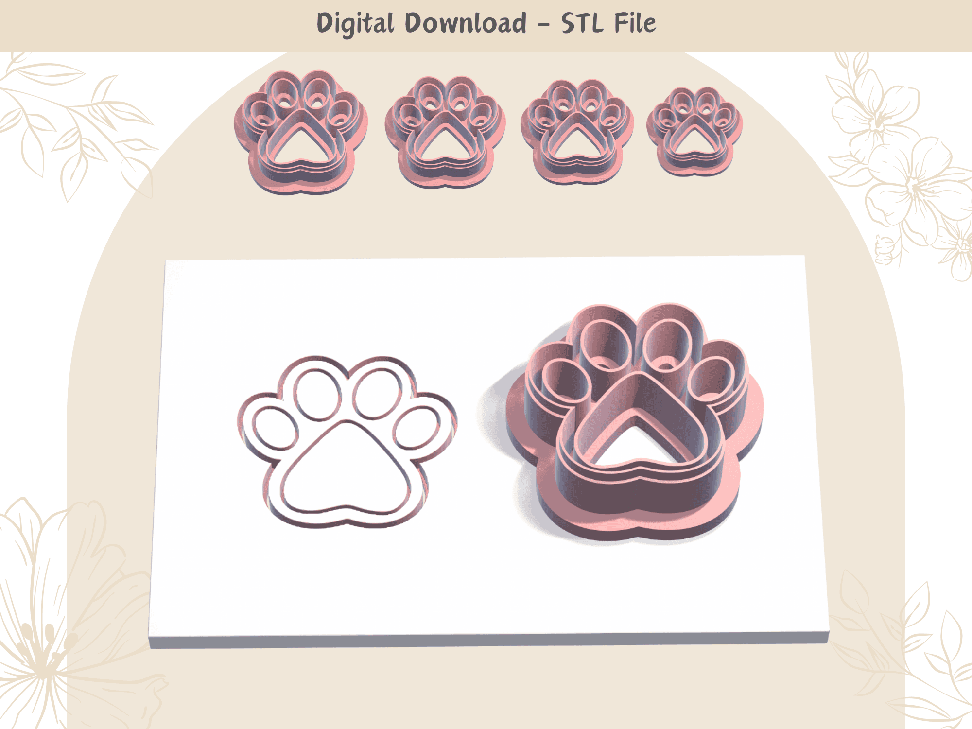 Dog Paw Clay Cutter for Polymer Clay | Digital STL File | Clay Tools | 4 Sizes Summer Clay Cutters,  3d model