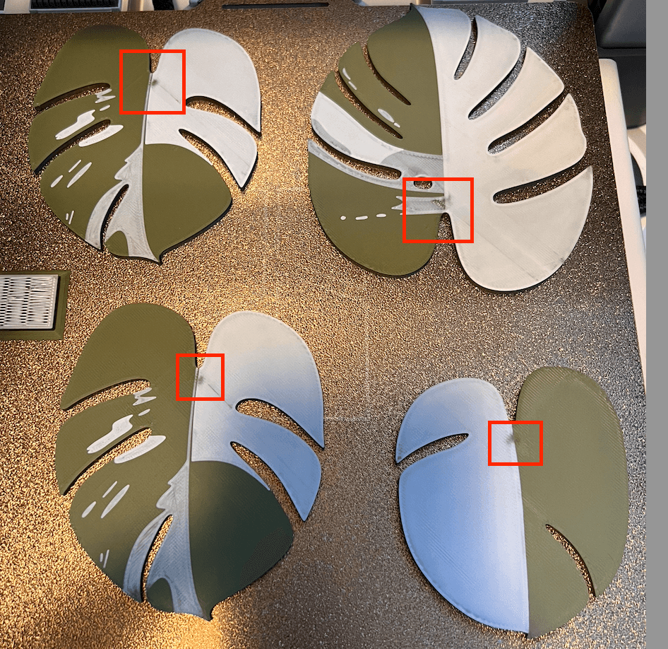 Monstera Coaster Set - Is there a trick to make the white thicker so the green doesn't bleed through ? I can't figure out how to fix these areas.  - 3d model