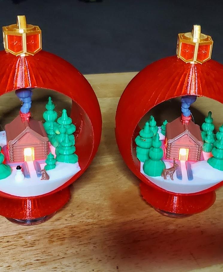 Snow Globe Votive Ornament  - I lost the star on the top, but all in all they came out good.
Printed on Bambu X1C with Hatchbox transparent red as the main color, Bambu white, red, green, brown, black, gray and a generic brand silk gold.
Only took 2 days lol - 3d model