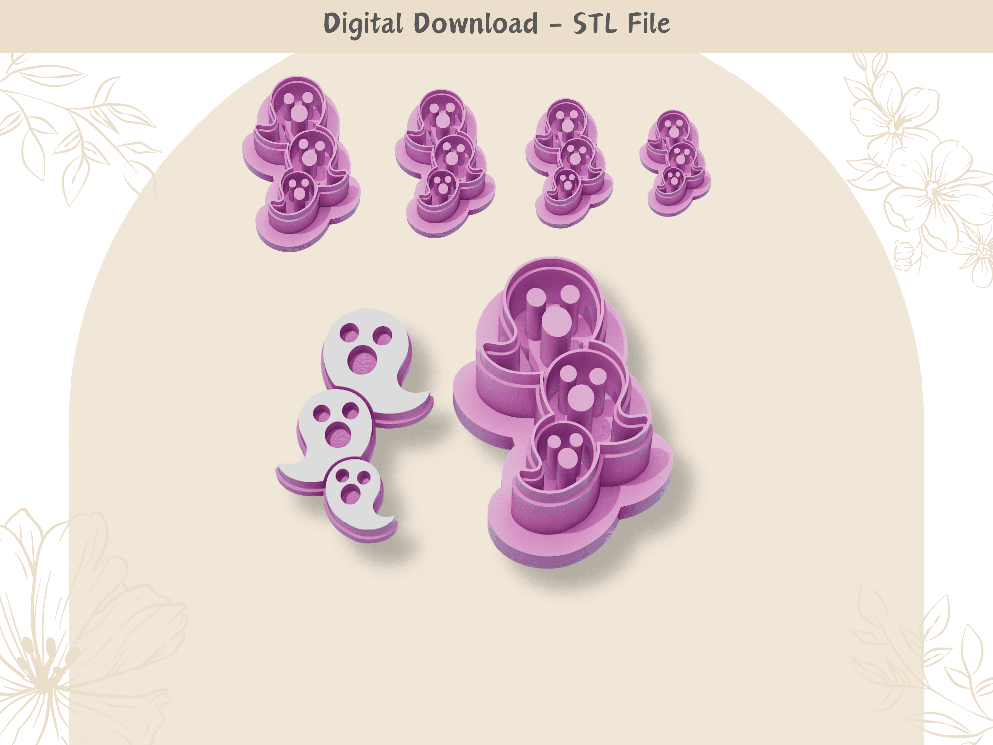 3 Ghost Clay Cutter for Polymer Clay | Digital STL File | Clay Tools | Cookie Cutters | 4 Sizes Clay 3d model