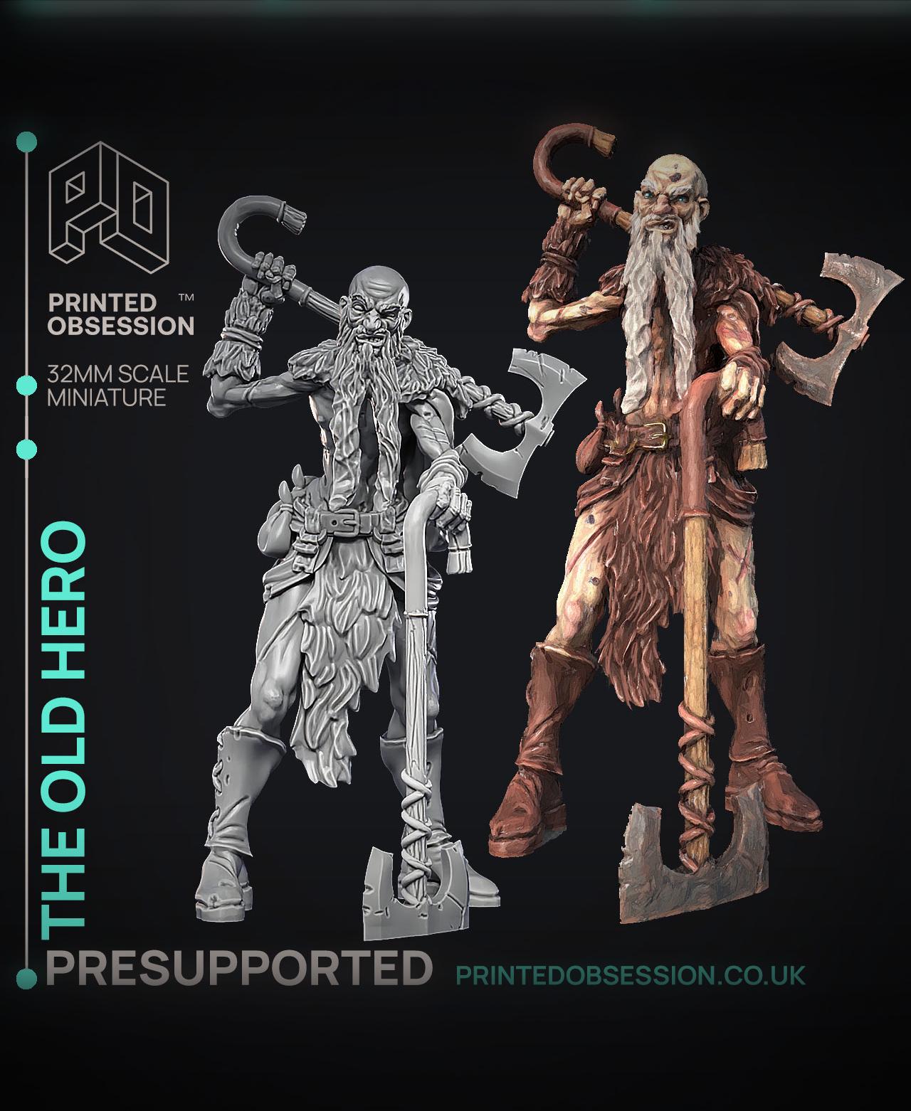 Old Hero - Barbarian - PRESUPPORTED - Illustrated and Stats - 32mm scale  3d model