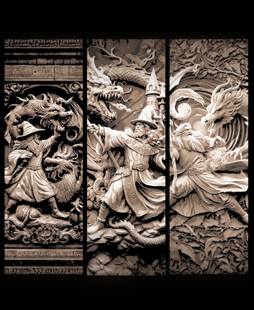 Intricate Carvings of A Epic Fantasy Battle between Mage and Dragon - Set of Bookmarks 3d model