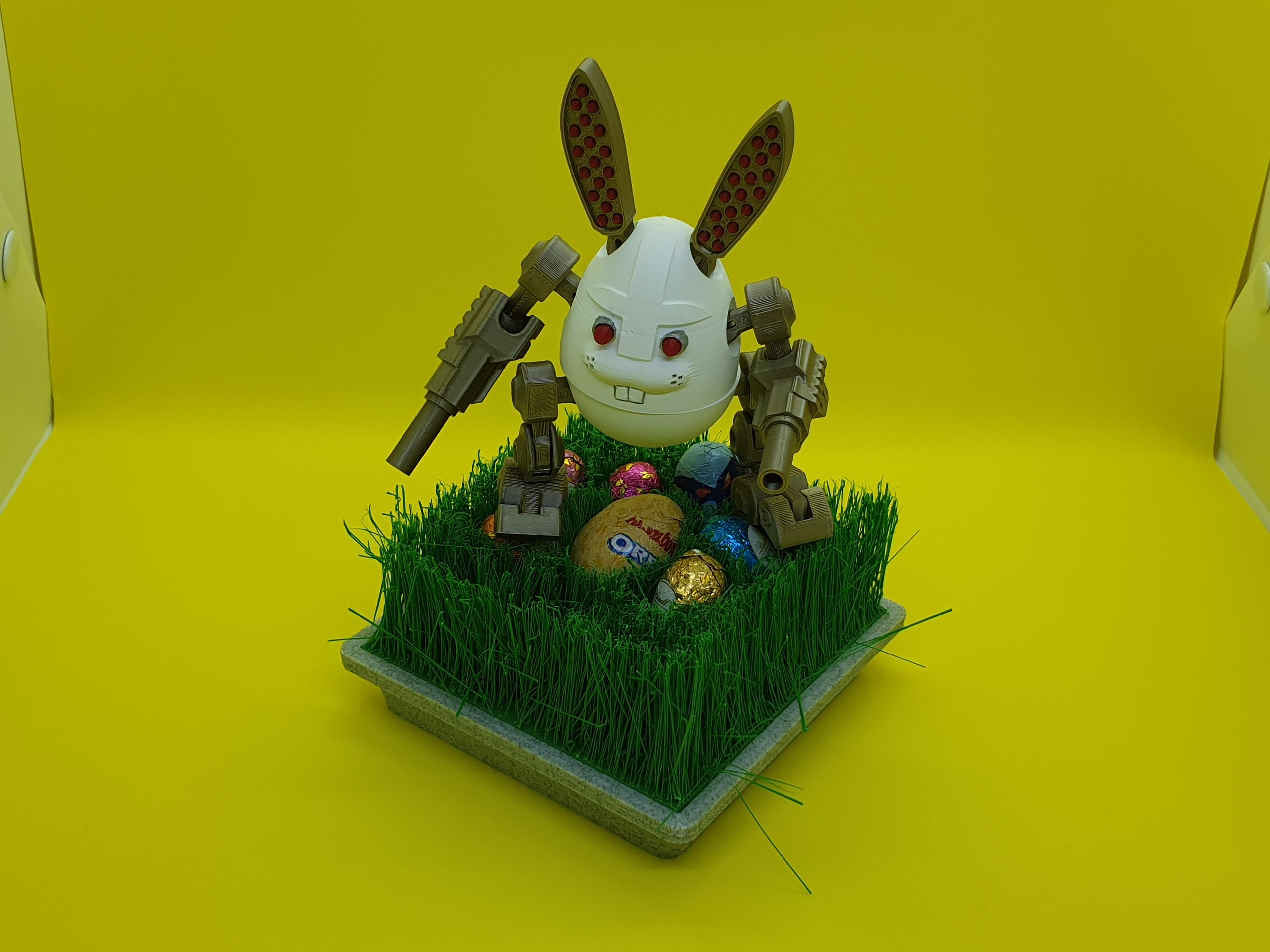 3GG-8UNNY articulated autonomous light Easter combat bot guarding some chocolate eggs