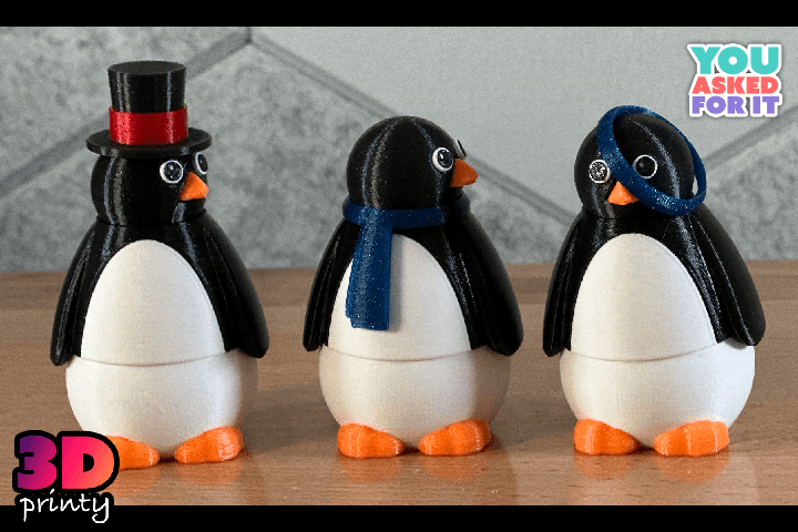 YouTube thumbnail of three 3D printed posable penguins.