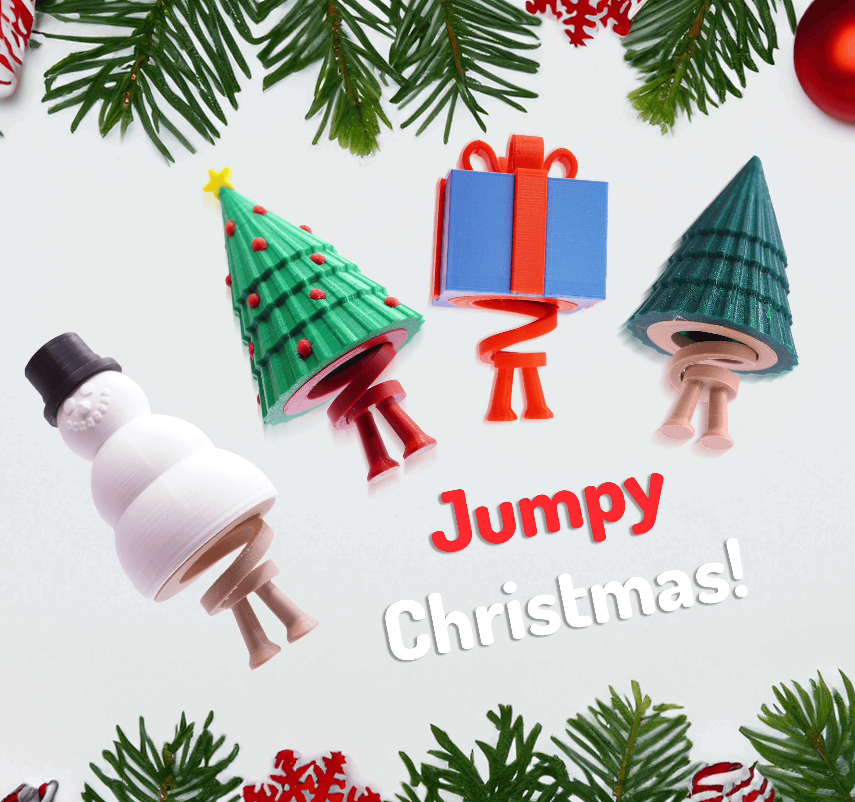 Left to right Jumpy Snowman, christmas tree, present, tree