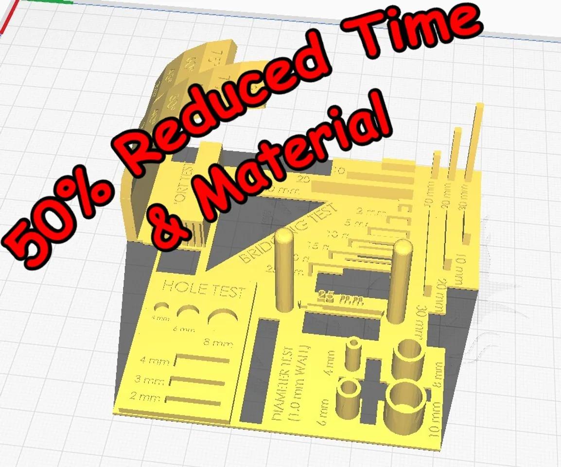 50% Reduced Print Time and Plastic + Separate Models - Complete 3D Printer test all in one (stress test, bed level test, retraction test, calibration test, tolerance test, support test) 3d model