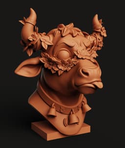 Floral Highland Cow Bust | Boho Nature Statue | 3D Printed Animal Art Decor 3d model