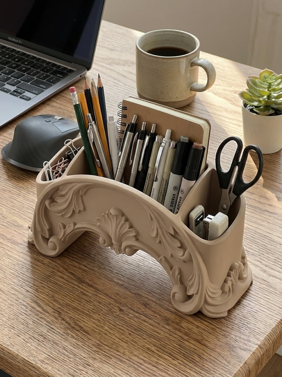 Ornate Baroque Desk Organizer – Neo-Classical Desktop Stationery Caddy & Office Sculpture 3d model