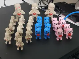 Printed a small army of 50% size bears and skeletons to share at the office. The big bears have already been spoken for.
Used whatever filament I had around except for the Bone White (Inland and Pink (Bambu). No failures except for standalone skeleton eyeballs. None of those came out at 50% or 100%.
All default settings. 3d model