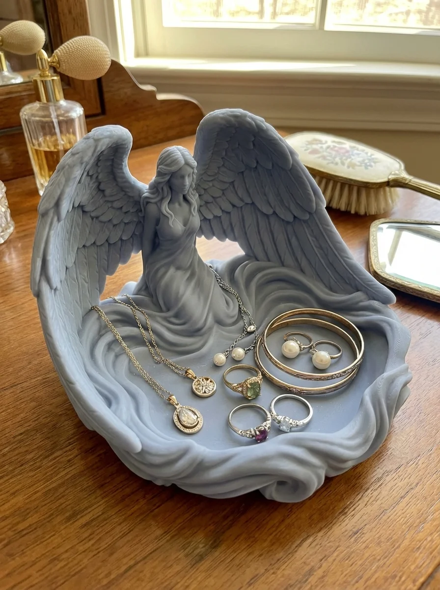Elegant Angel Guardian Wing Jewelry Dish - Serene Trinket Tray 3d model
