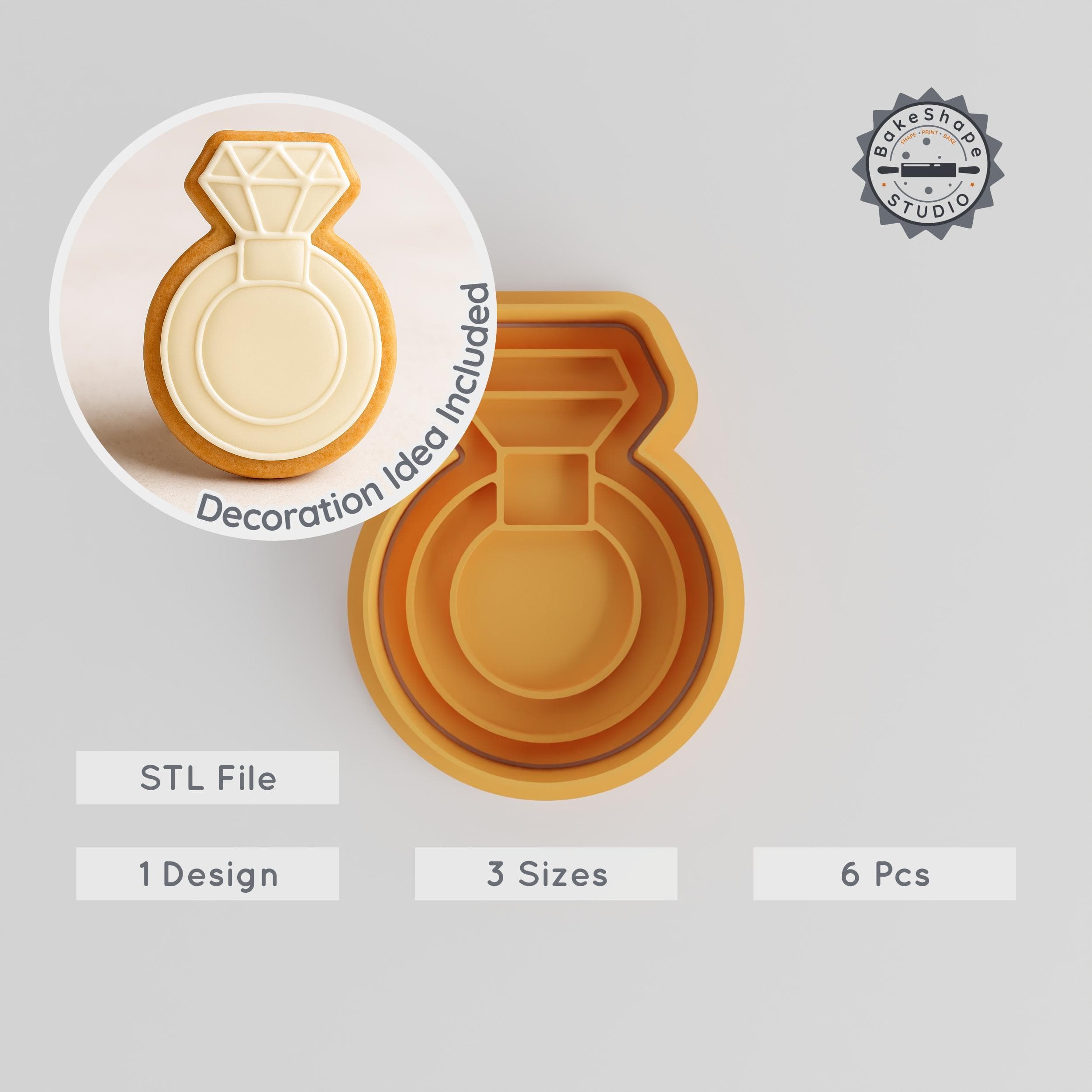 Diamond Ring Shape Cutter & Stamp Set, Cookie & Fondant Tool, 3 Sizes, Wedding Engagement Decor PRODUCT_204 3d model