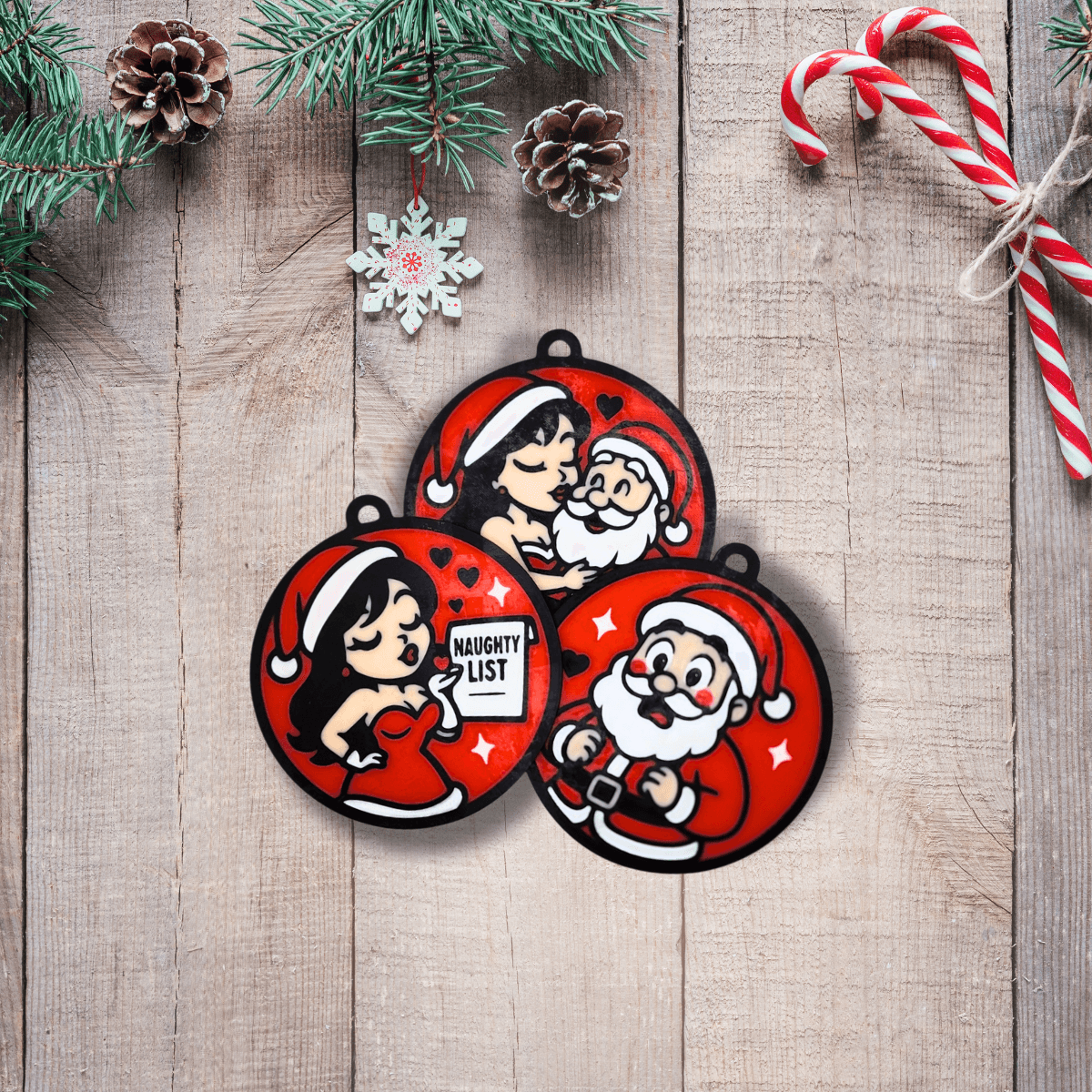 Naughty Christmas Couple Ornament Set | 3 Multi-Color STLs | Santa & Mrs. Claus Pin-Up Ornaments | C 3d model