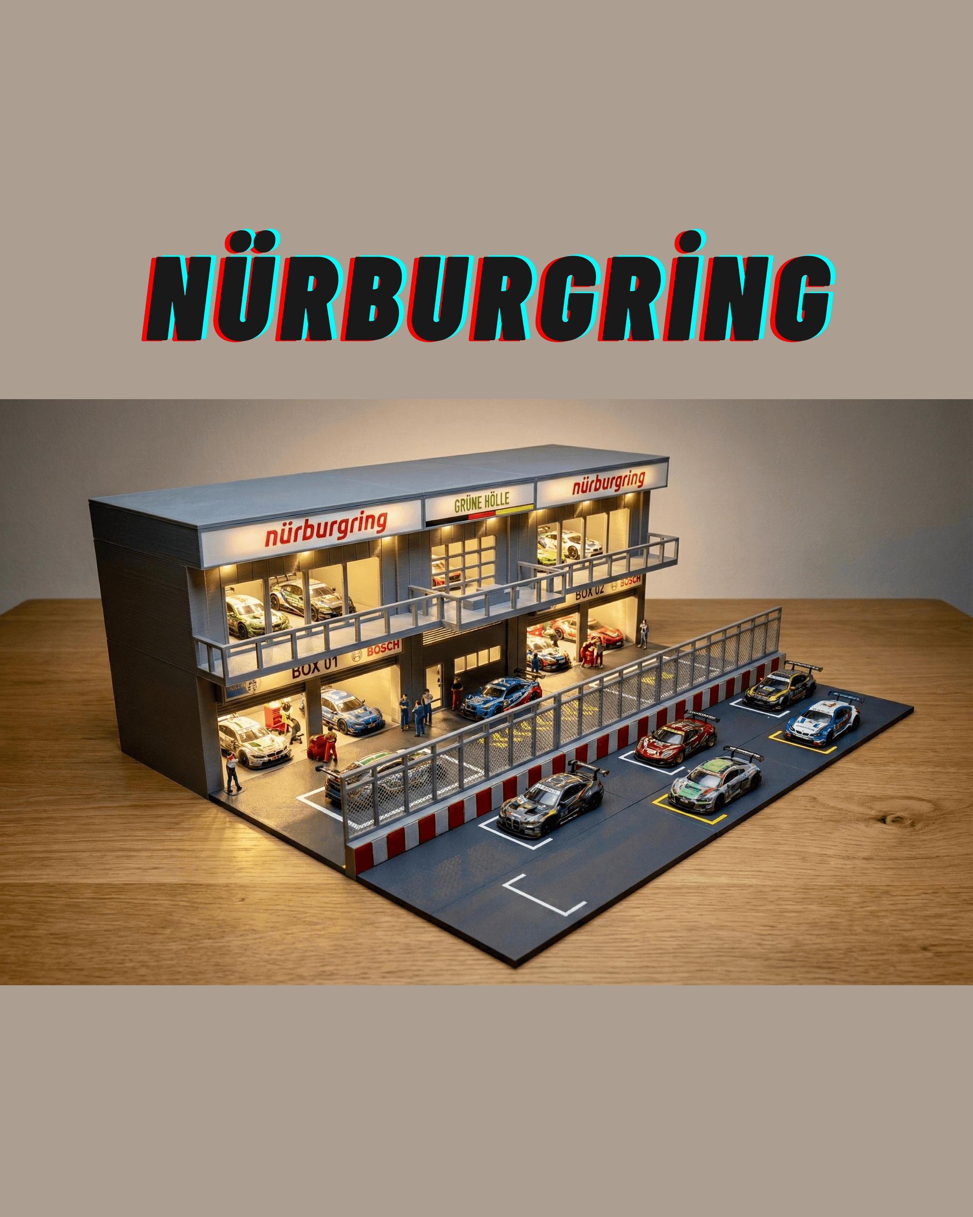 Nürburgring Pit Garage Diorama 1/64 Scale - LED Ready Display for Hot Wheels & Diecast 3d model