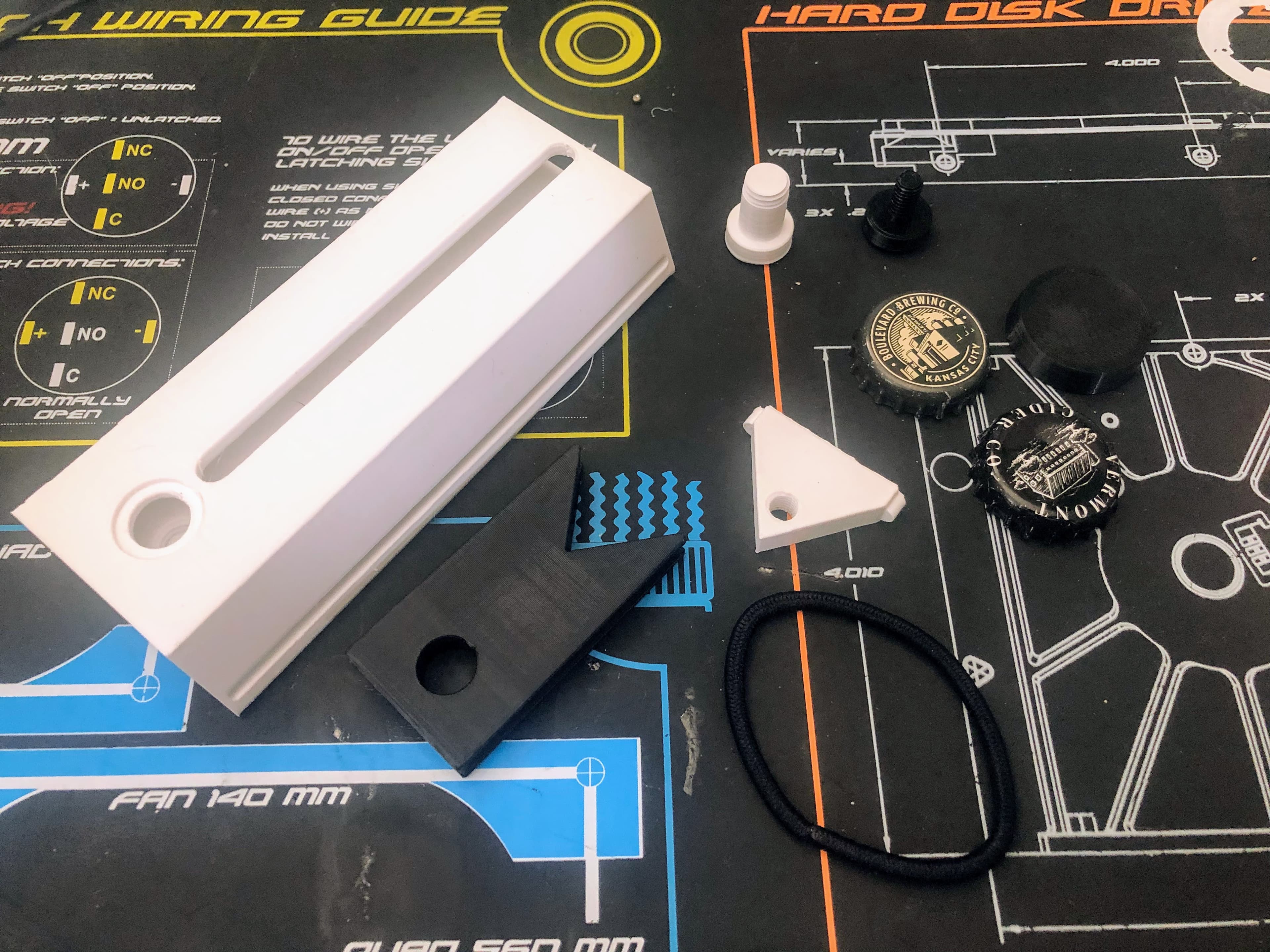 Wrist mounted bottle cap launcher - All our parts ready for assembly. - 3d model