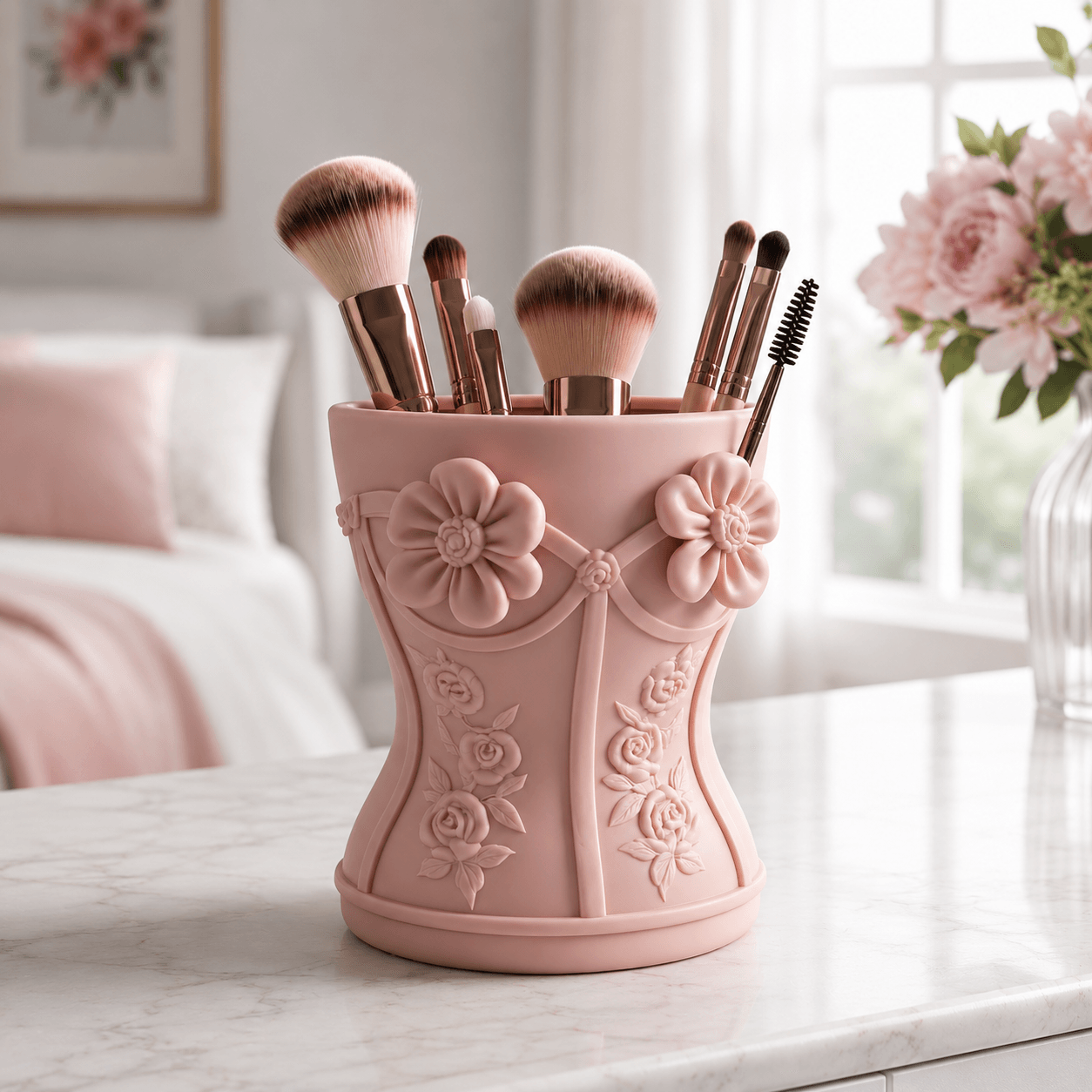 Floral Makeup Brush Holder STL | Elegant Vanity Organizer | Beauty Desk Decor for 3D Printing 3d model