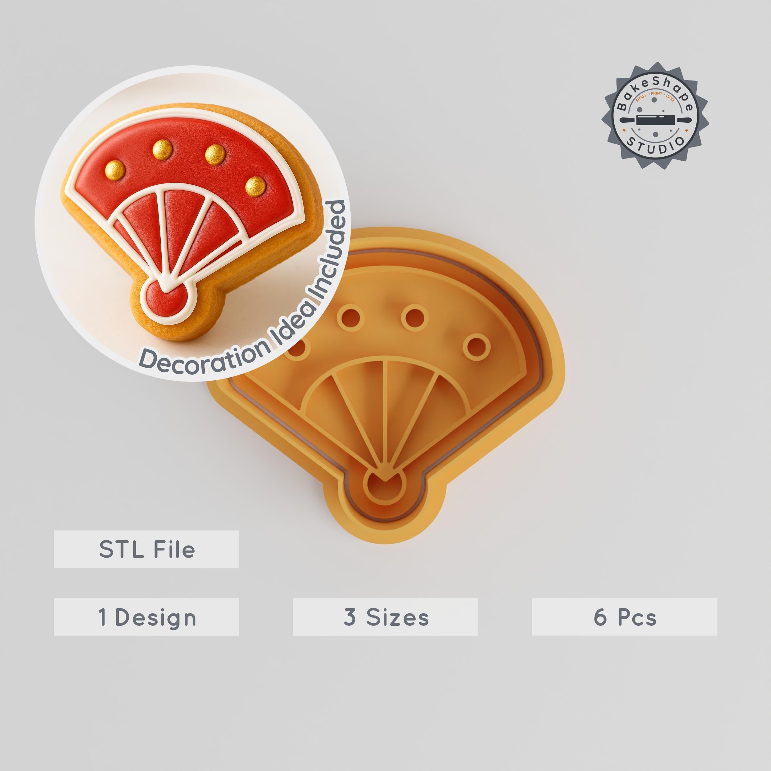 Hand Fan Shape Cutter & Stamp Set, Festival & Cultural Design, Cookie & Fondant Tool, 6-Piece, S/M/L Sizes PRODUCT_2199 3d model