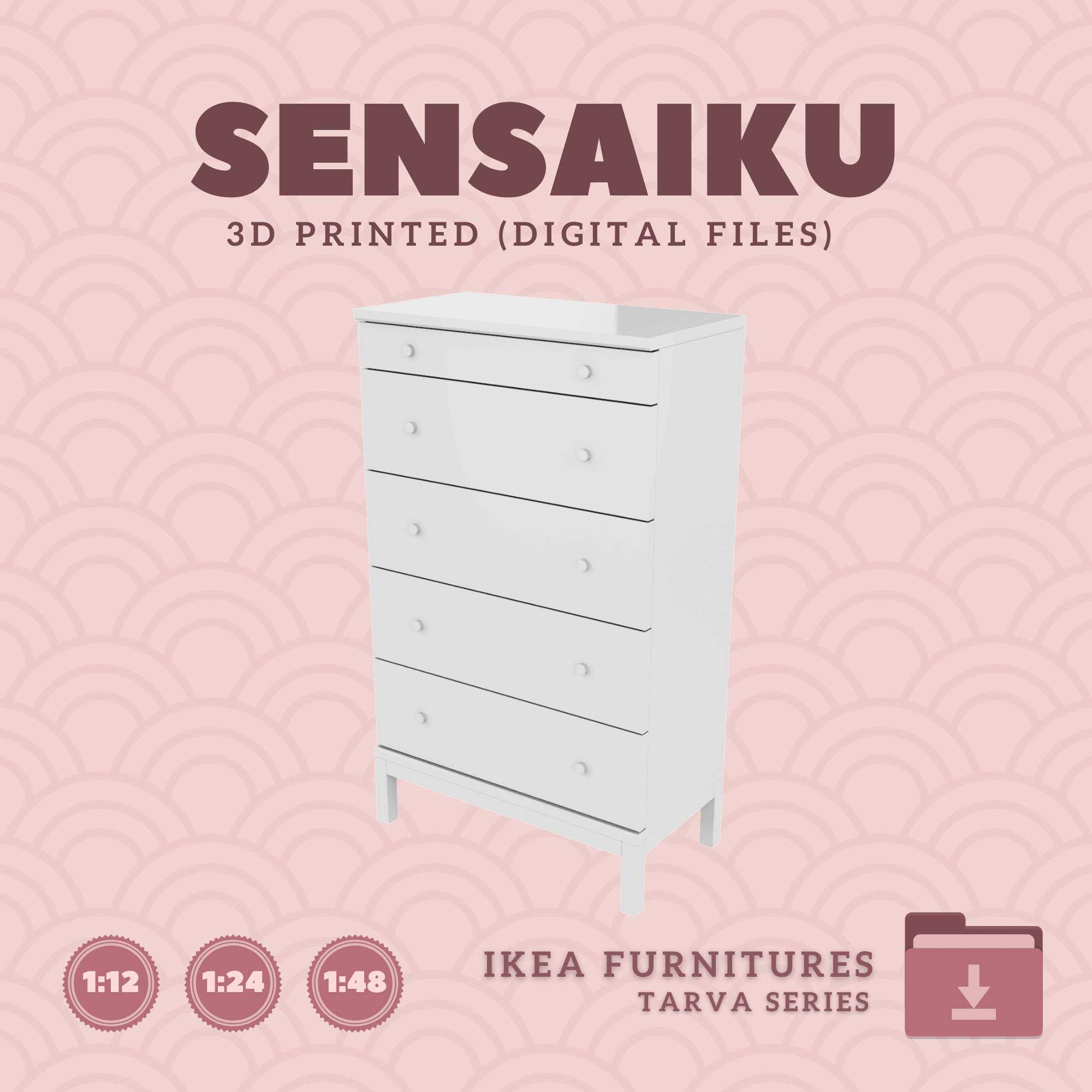 Miniature Replica 03. TARVA 5 Drawer Chest for Miniature Dollhouse - IKEA - 3D Print Instant Downloa 3d model