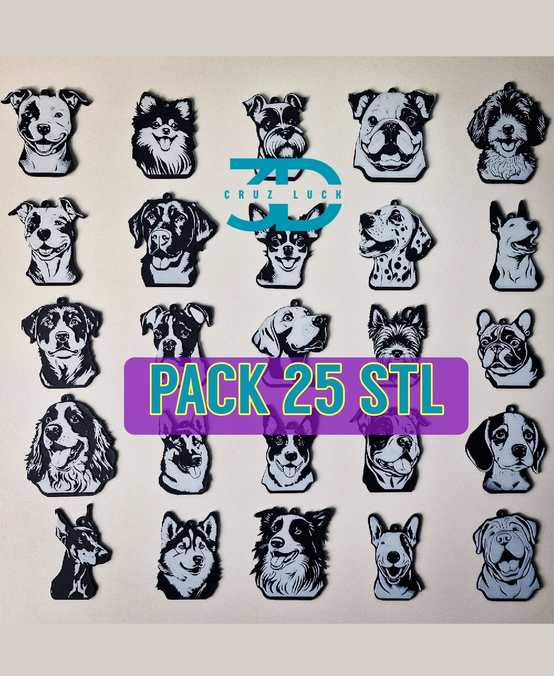 Pack 25 dog keychains STL & 3mf 3d model