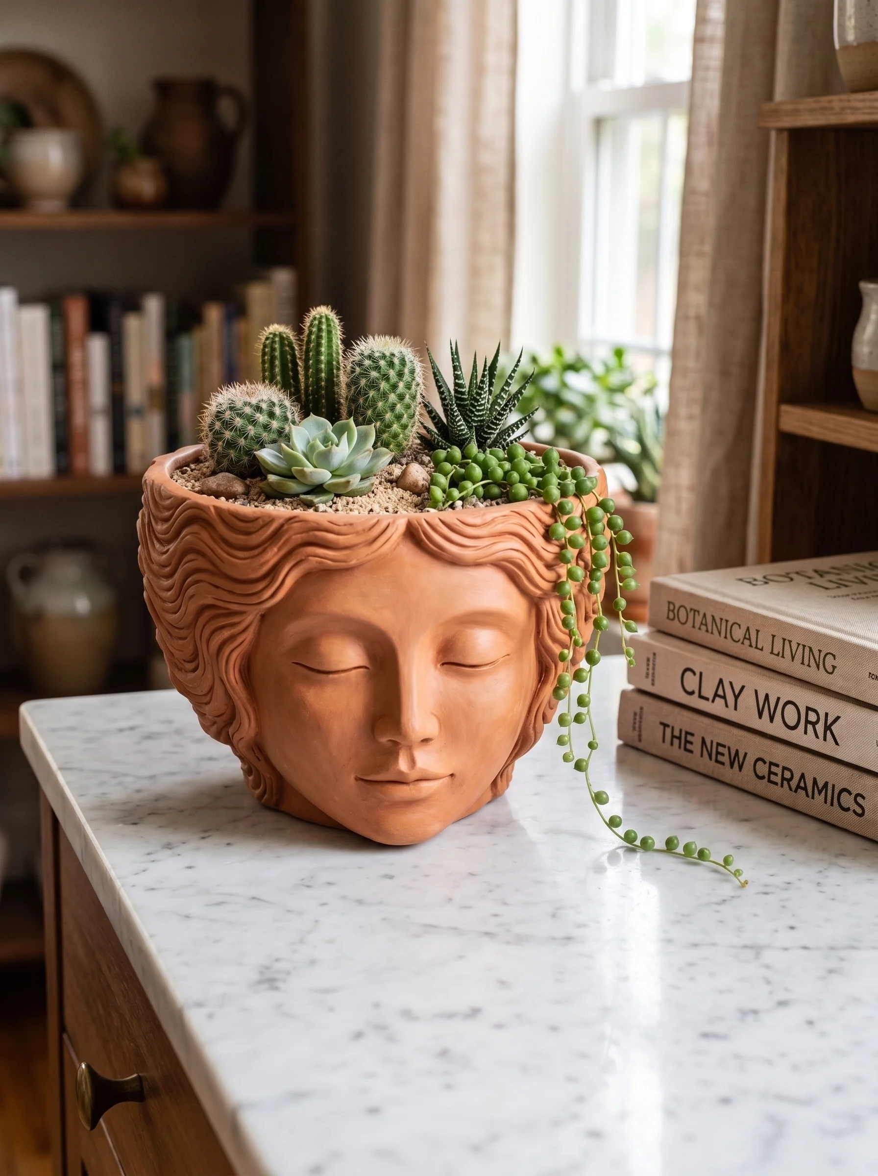 Earthy Goddess Face Planter Bowl - Classical Wide-Rimmed Terracotta Style Pot 3d model